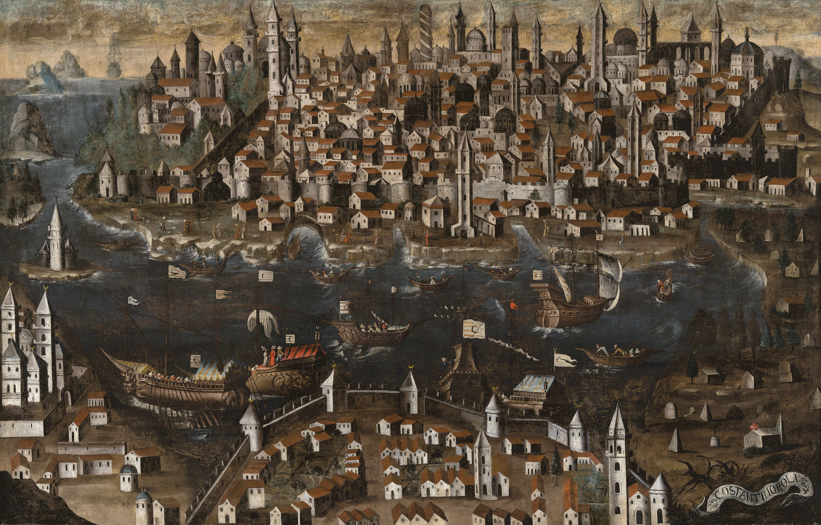 Italian School, View of Constantinople, circa 1600. Oil on canvas. 71&frac14; x 110  in (180.9 x 279.4  cm). Sold for &pound;200,000 on 6 December 2018 at Christie&rsquo;s in London