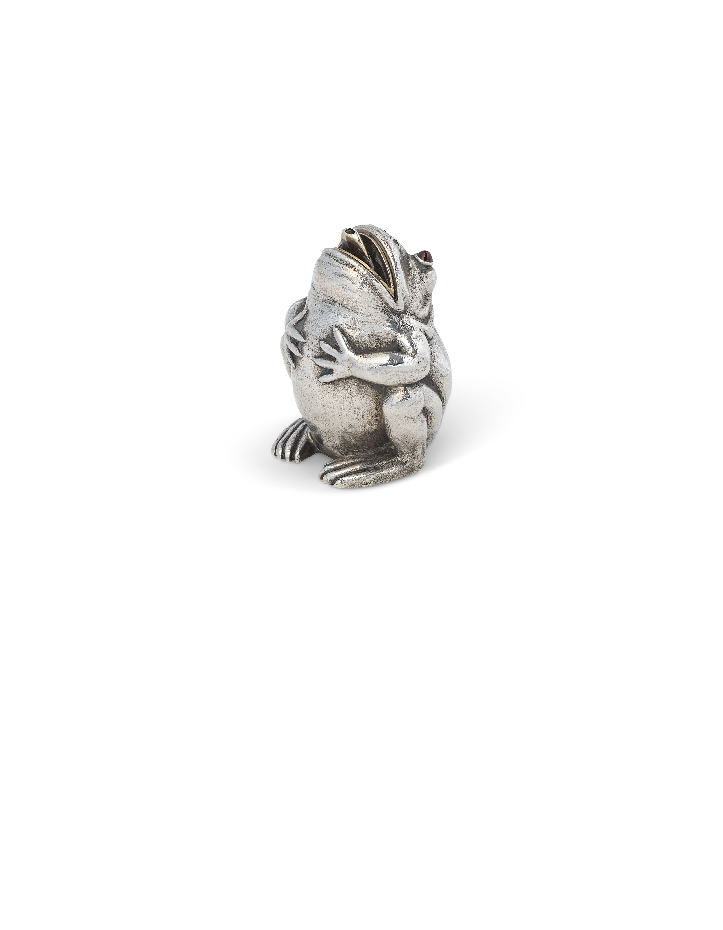 faberge cigarette lighter A GEM-SET SILVER CIGARETTE LIGHTER IN THE FORM OF A FROG , MARKED FABERGÉ  WITH THE IMPERIAL WARRANT, WITH THE MARK OF THE FIRST SILVER ARTEL, MOSCOW,  1908-1917, SCRATCHED INVENTORY NUMBER 18662