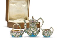 A PARCEL-GILT SILVER AND CLOISONNÉ ENAMEL COFFEE SERVICE
