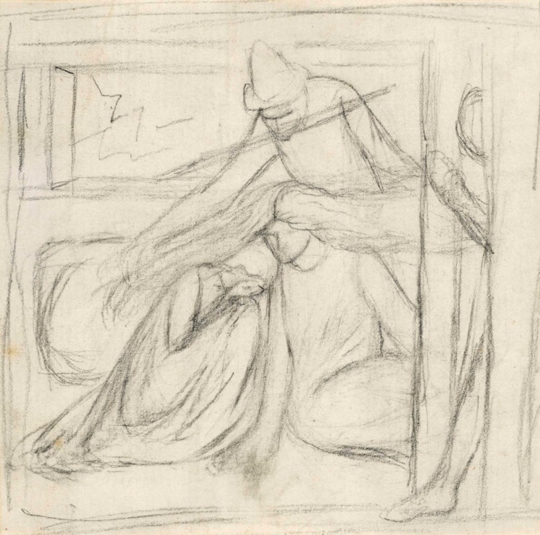 Elizabeth Rossetti, née Siddal (1834-1862), Study of a Woman and a Man Seated on the Ground, a Further Male Figure Standing Behind. Pencil on paper. 4⅜ x 4½  in (11.1 x 11.4  cm). Sold for £2,500 on 11 July 2018 at Christie’s in London