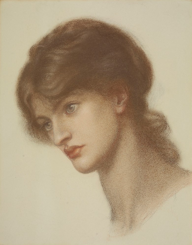 Dante Gabriel Rossetti (1828-1882), Head Study of Marie Spartali Stillman (1844-1927) for ‘Dantes Dream’. Pencil and coloured chalks on duck-egg blue paper. 14¼ x 11⅝  in (36.2 by 29.5  cm) (folded); 21½ x 24  in (54 x 61  cm) (overall sheet size). Sold for £320,750 on 11 July 2018 at Christie’s in London