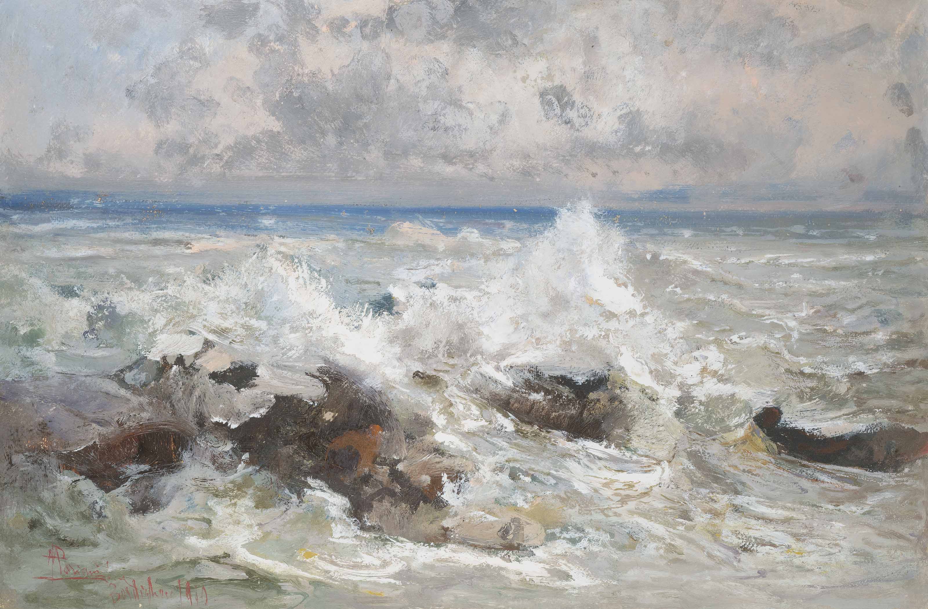 Pompeo Mariani Italian 1857 1927 Waves Crashing On The Rocks
