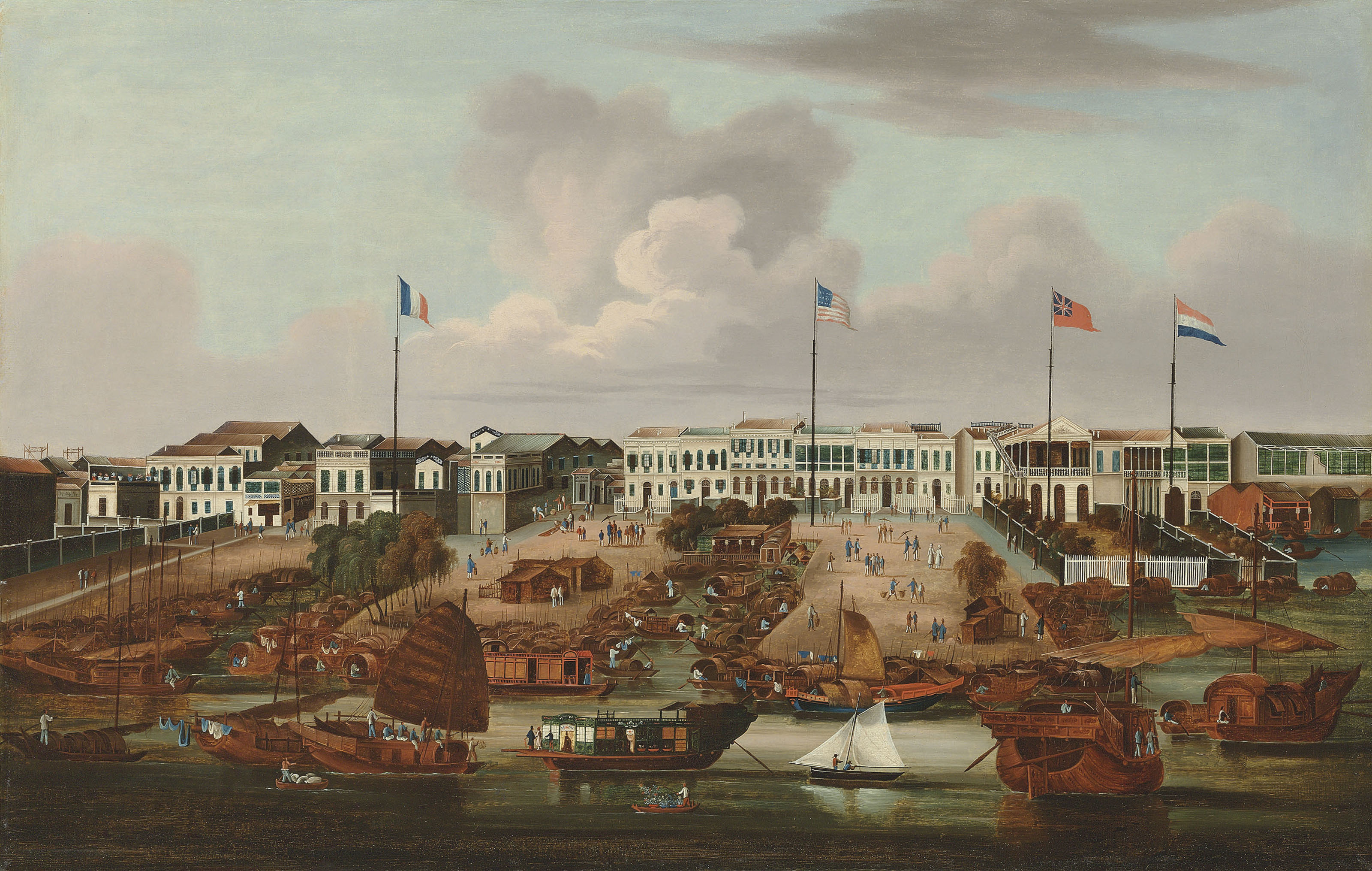 Chinese School, The Hongs at Canton, circa 1835. 22 &frac34; x 35 &frac12; in (57.8 x 90.2 cm). 