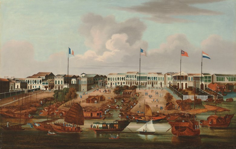 Chinese School, The Hongs at Canton, circa 1835. 22 ¾ x 35 ½ in (57.8 x 90.2 cm).