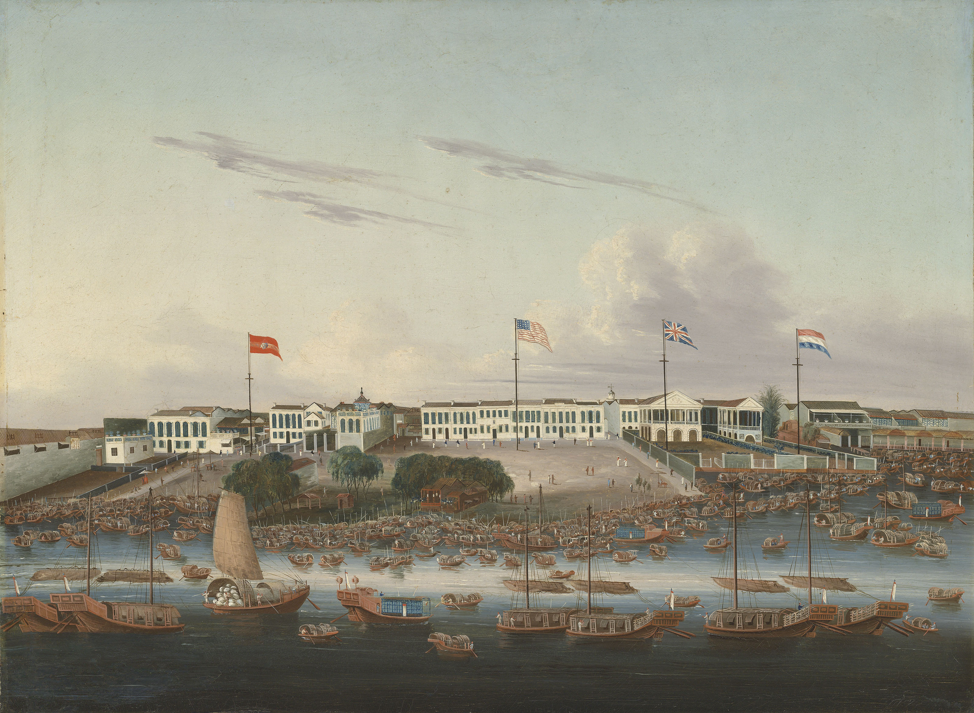 Chinese School, The Spanish, American, British, and Dutch Hongs at Canton, circa 1826. 23 x 31 &frac12; in (58.4 x 80 cm). 