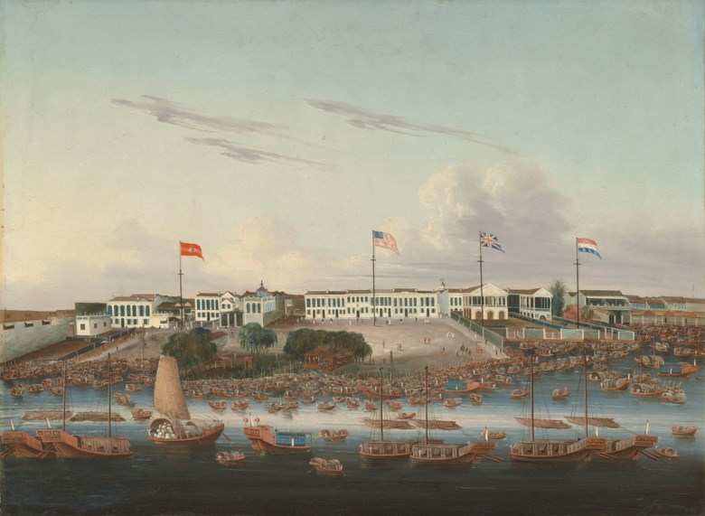Chinese School, The Spanish, American, British, and Dutch Hongs at Canton, circa 1826. 23 x 31 ½ in (58.4 x 80 cm).