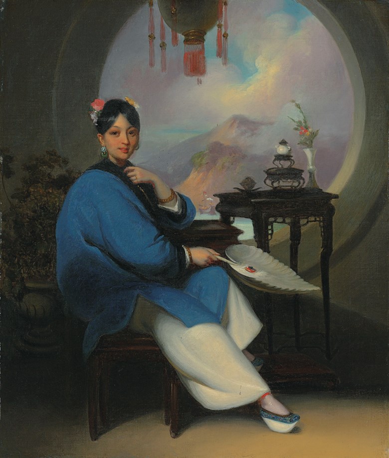 George Chinnery (1774-1852), A Chinese woman seated, wearing flowers in her hair, jade earrings and blue nankeen dress, holding a feather fan, before a moon window, with a view to a Chinese coastal landscape beyond. 17⅞ x 15 ¼ in (45.4 x 38.7 cm). Sold for £56,250 on 14 December 2018 at Christie’s in London