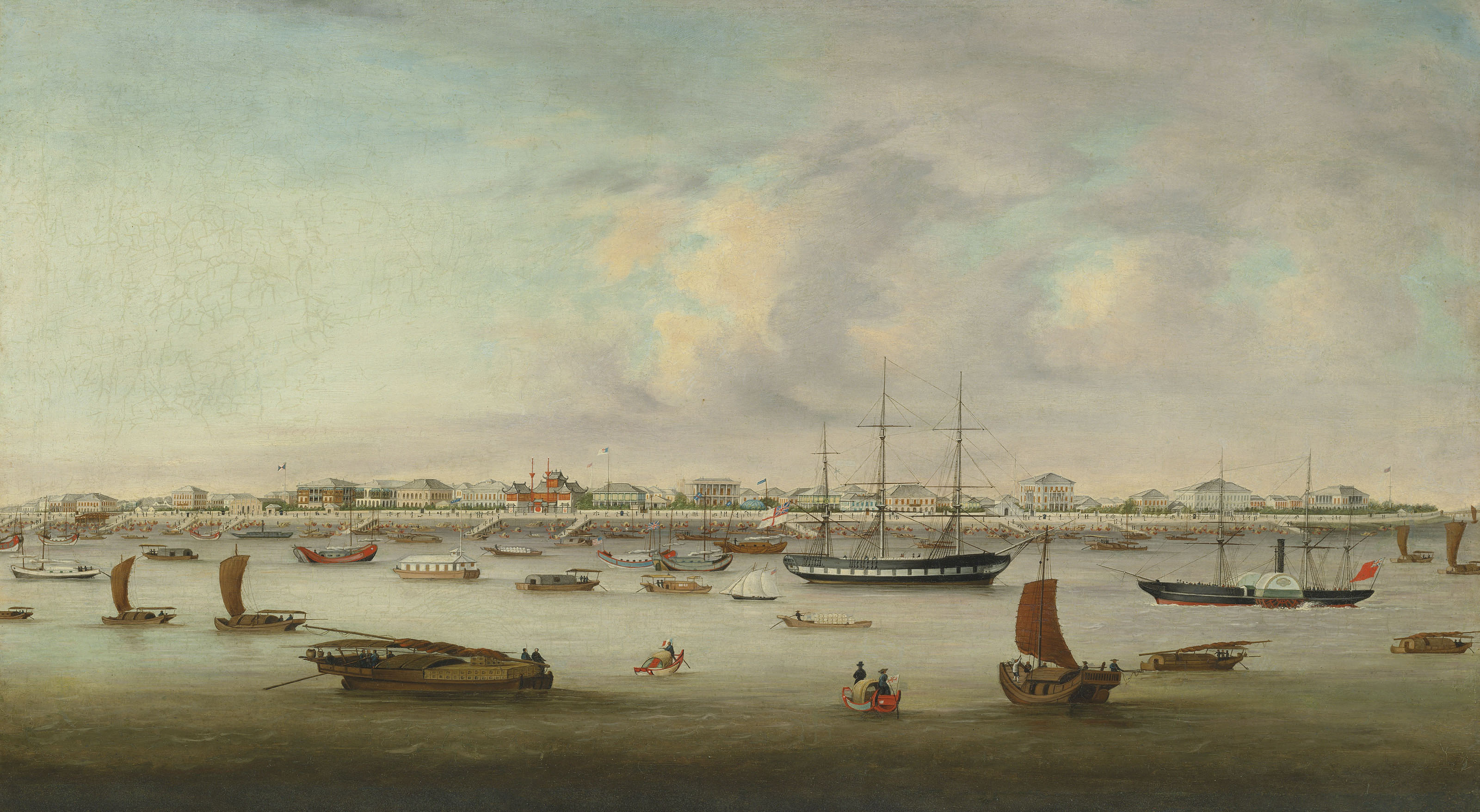 Chow Kwa (fl.1855-1867), The Bund, Shanghai,&nbsp;circa 1857. 20 &frac14; x 36 &frac12; in (51.4 x 92.8 cm). 
