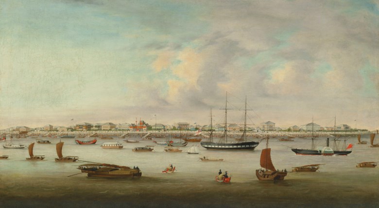 Chow Kwa (fl.1855-1867), The Bund, Shanghai, circa 1857. 20 ¼ x 36 ½ in (51.4 x 92.8 cm).