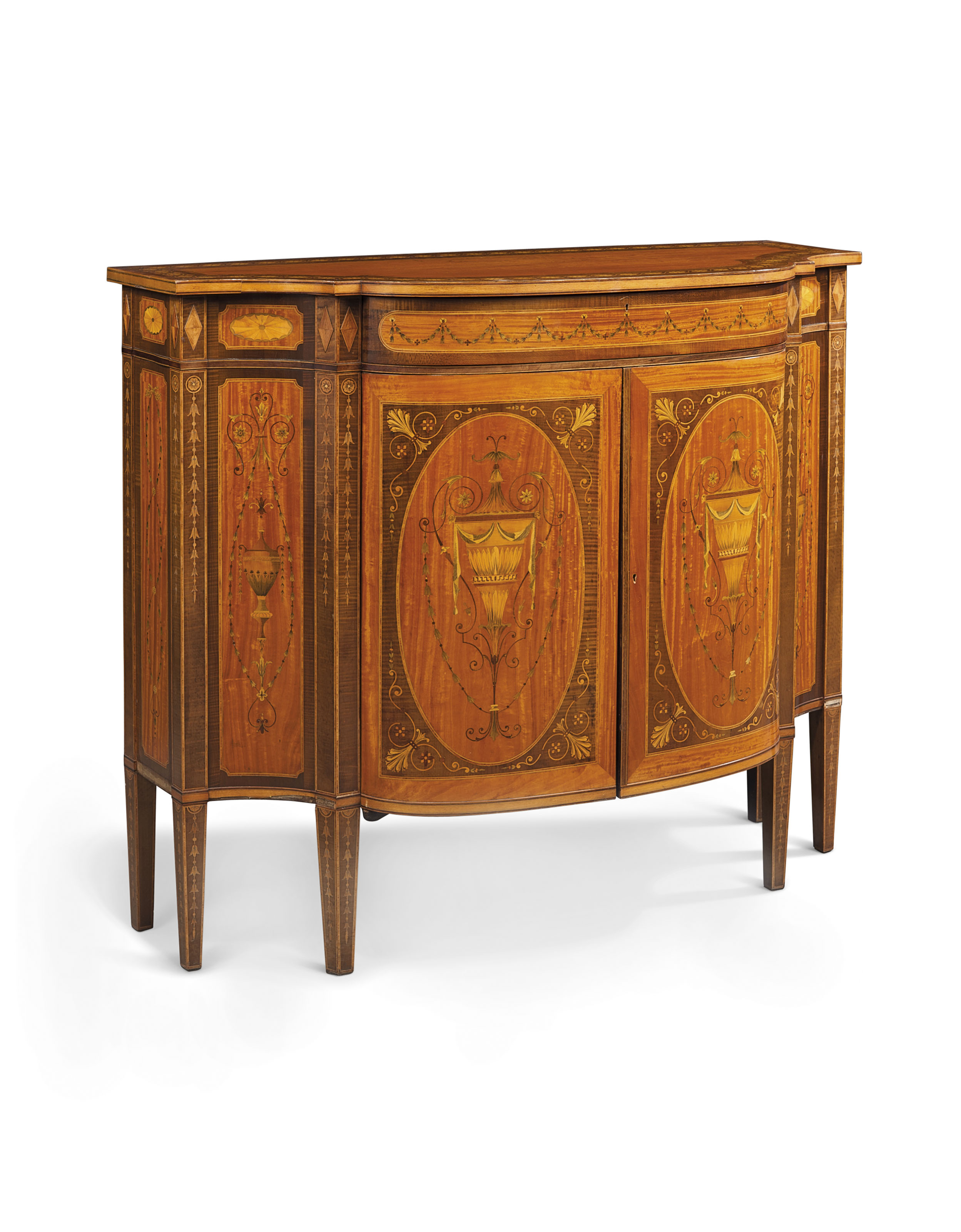 A PAIR OF LATE VICTORIAN SATINWOOD AND SYCAMORE MARQUETRY SIDE CABINETS , LATE 19TH CENTURY ...