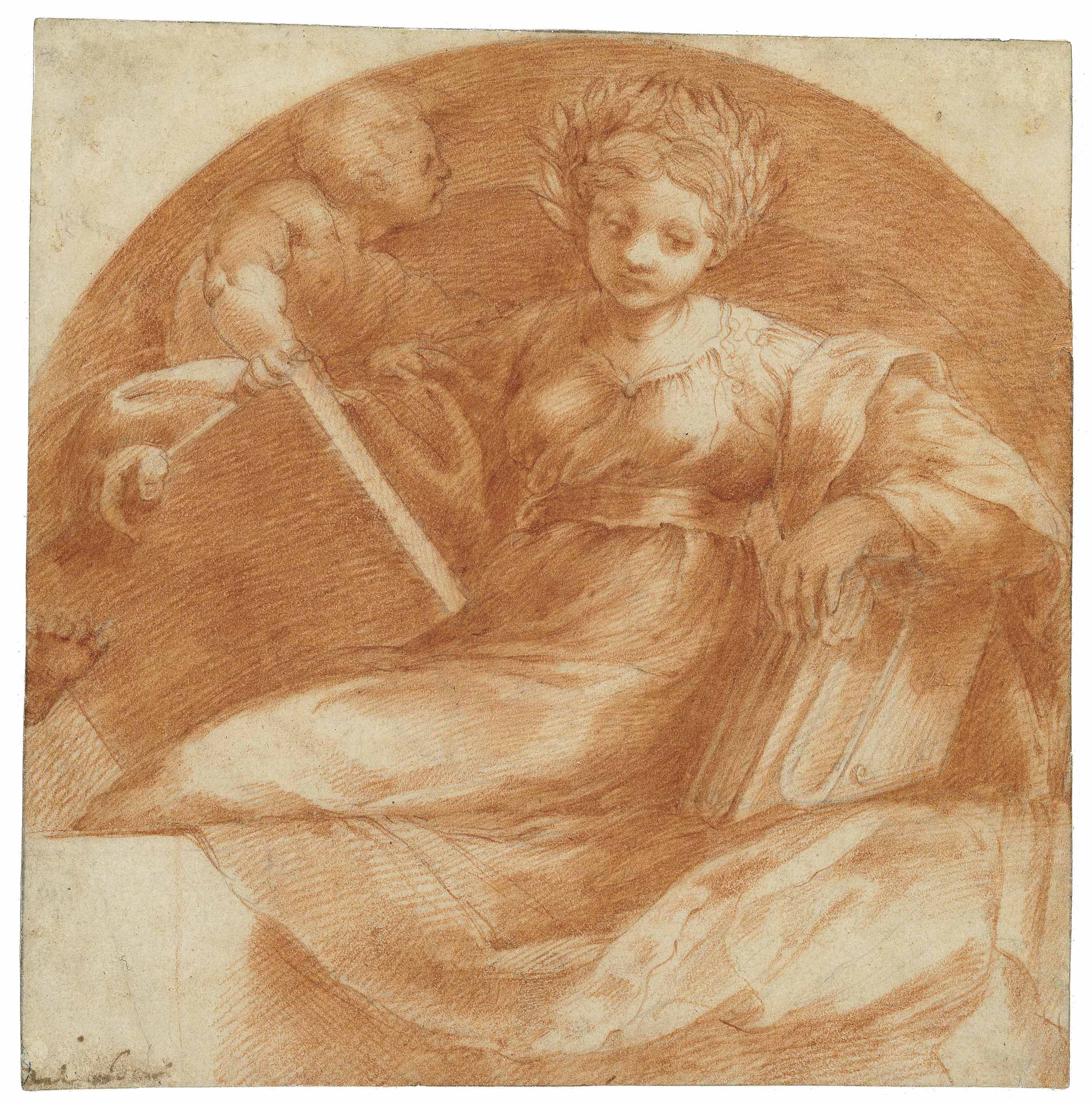 A seated sybil holding books and a tablet with a putto