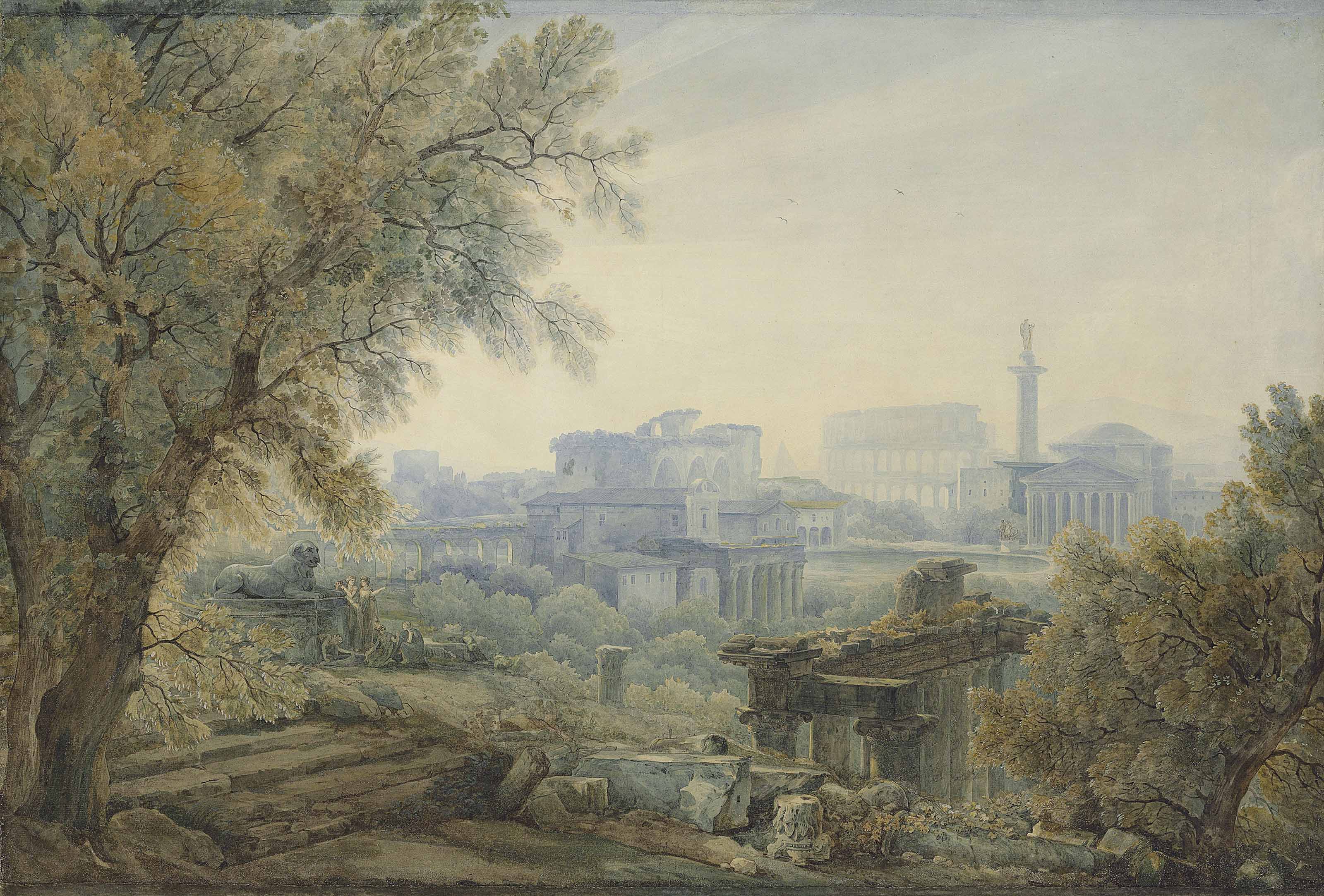 Abraham-Louis-Rodolphe Ducros (Yverdon 1748-1810 Lausanne), A Capriccio with Roman Architecture. c. 1784. Black chalk, pen and brown ink, watercolour, gum arabic. 27⅜ x 40  in (69.3 x 101.7 cm). Sold for &pound;11,250 on 3 July 2018 at Christie&rsquo;s in London