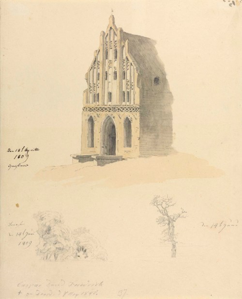 卡斯帕·大卫·弗里德里希（1774-1840），《歌德石砖建筑与两棵树的习作》，12⅛ x 9⅞吋（30.9 x 25.2公分）。此拍品于2018年7月3日在佳士得伦敦以212,500英镑成交。