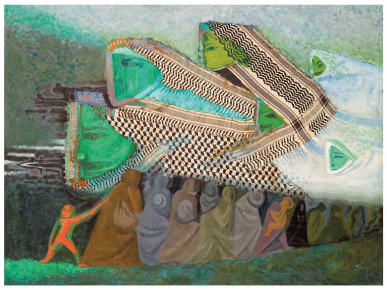 Naim Ismail (Syrian, 1930-1979), Al Fiddaiyoun (‘Freedom Fighters’), painted in 1969. 39⅜ x 51¼  in (100 x 130 cm). Sold for £25,000 on 24 October 2018 at Christie’s in London
