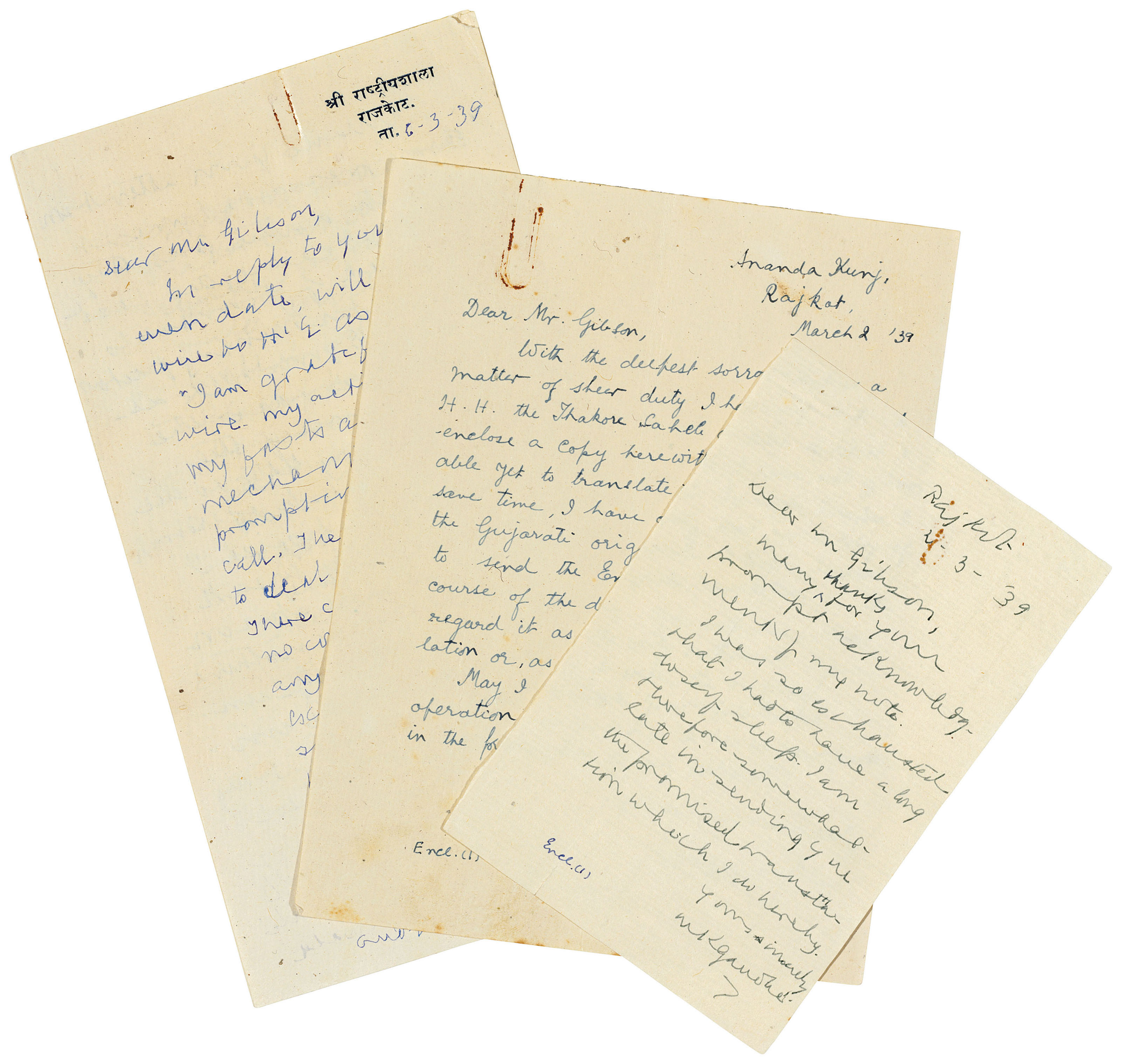 Gandhi Mohandas Karamchand 1869 1948 Two Autograph Letters Signed M K Gandhi And M K G And One Letter