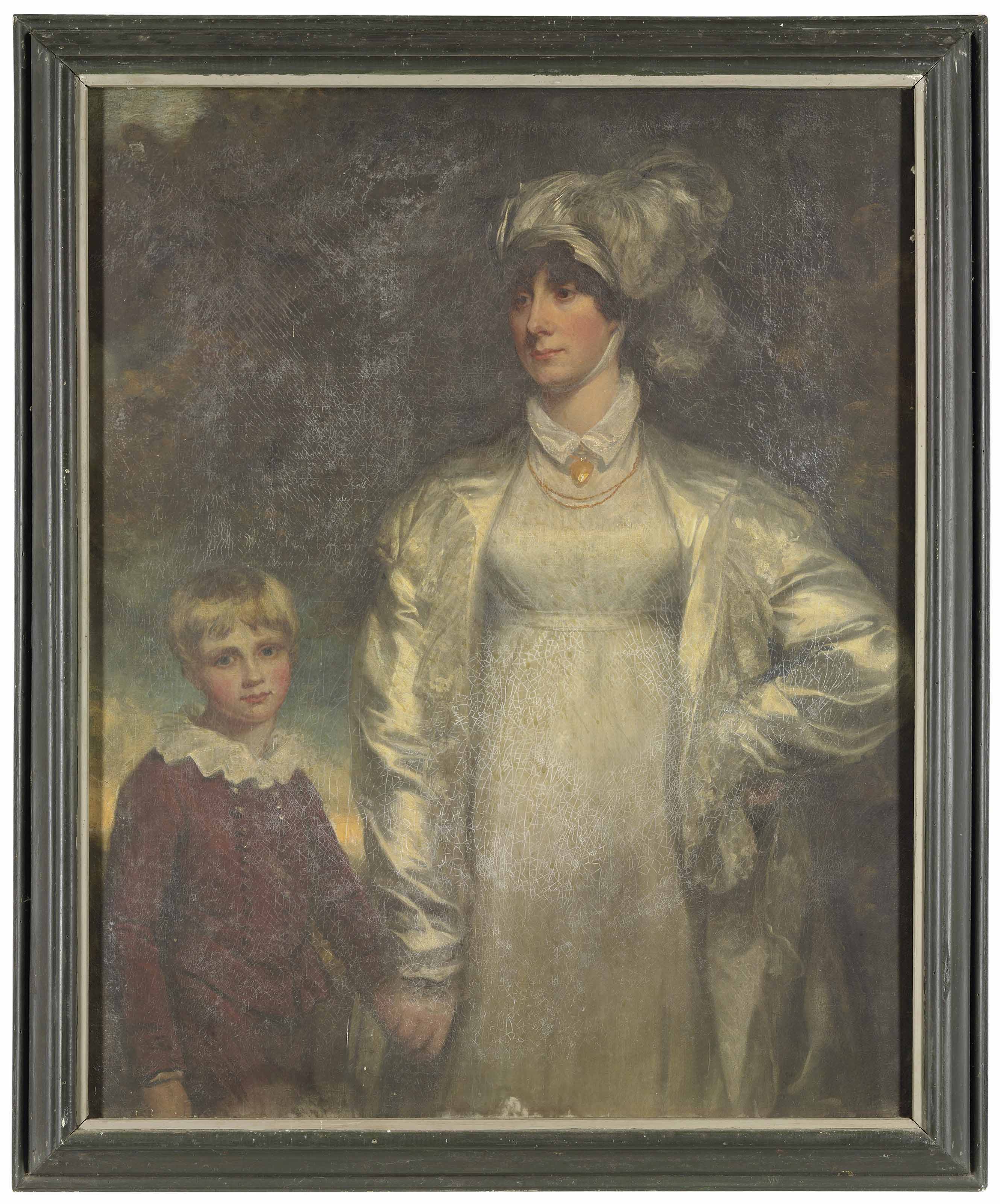 Portrait of a lady and her son, the former three-quarter length, in a white dress