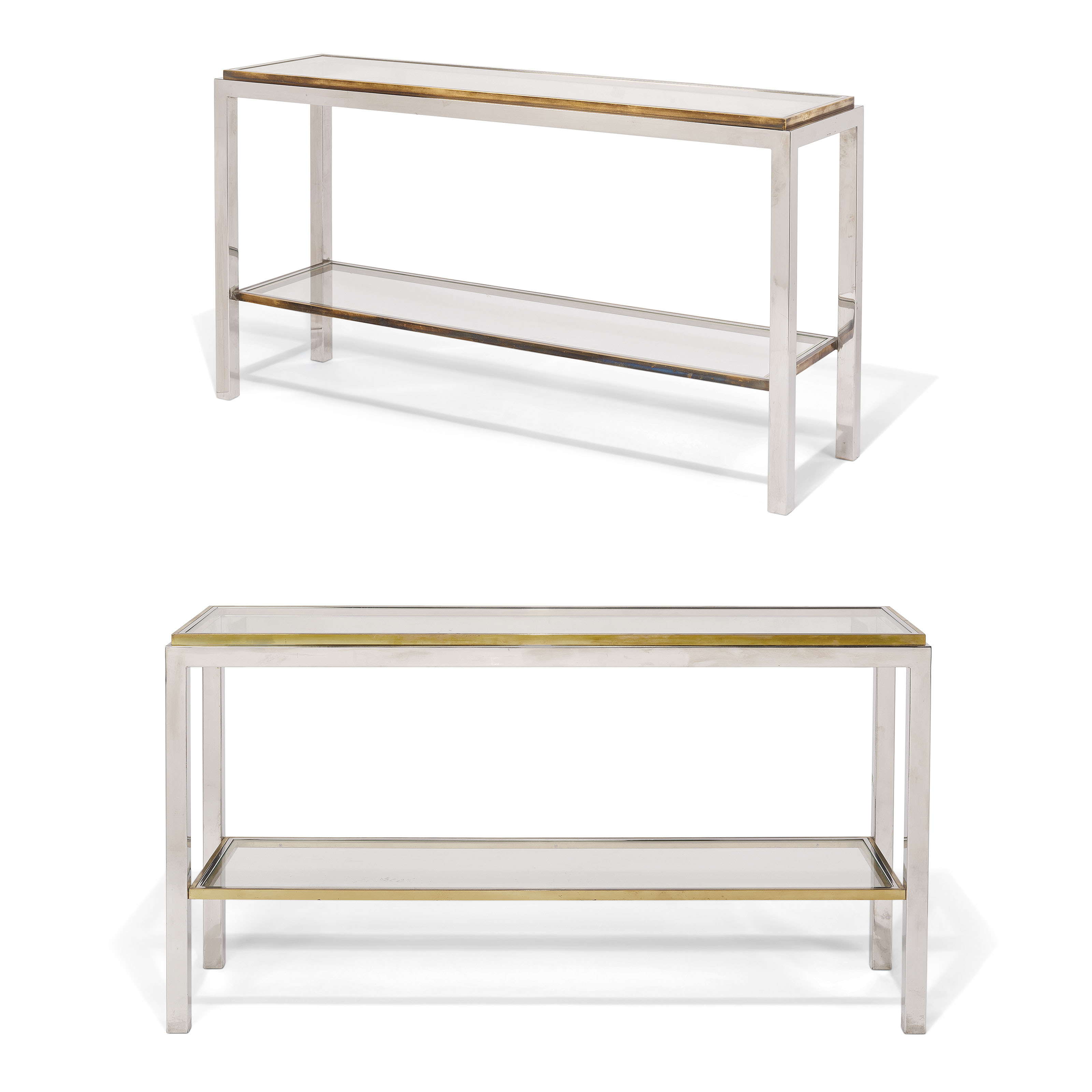 A Near Pair Of Brass Chrome And Glass Console Tables One Signed