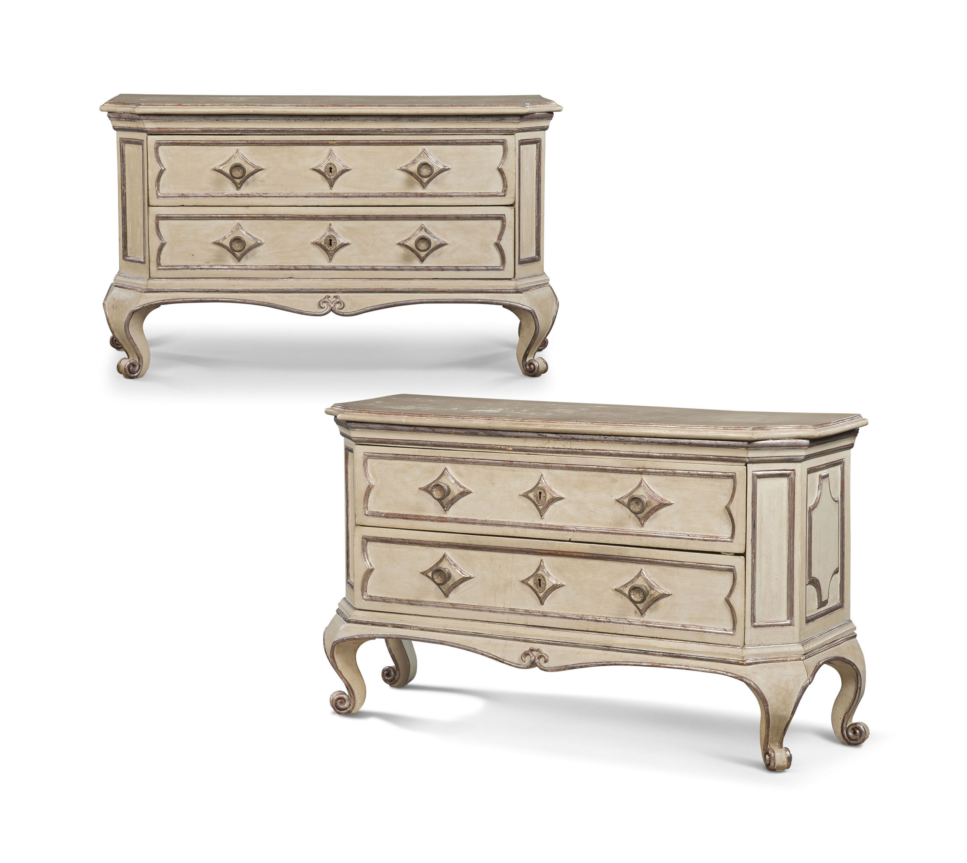 A Pair Of Italian Silvered And Cream Painted Commodes 20th