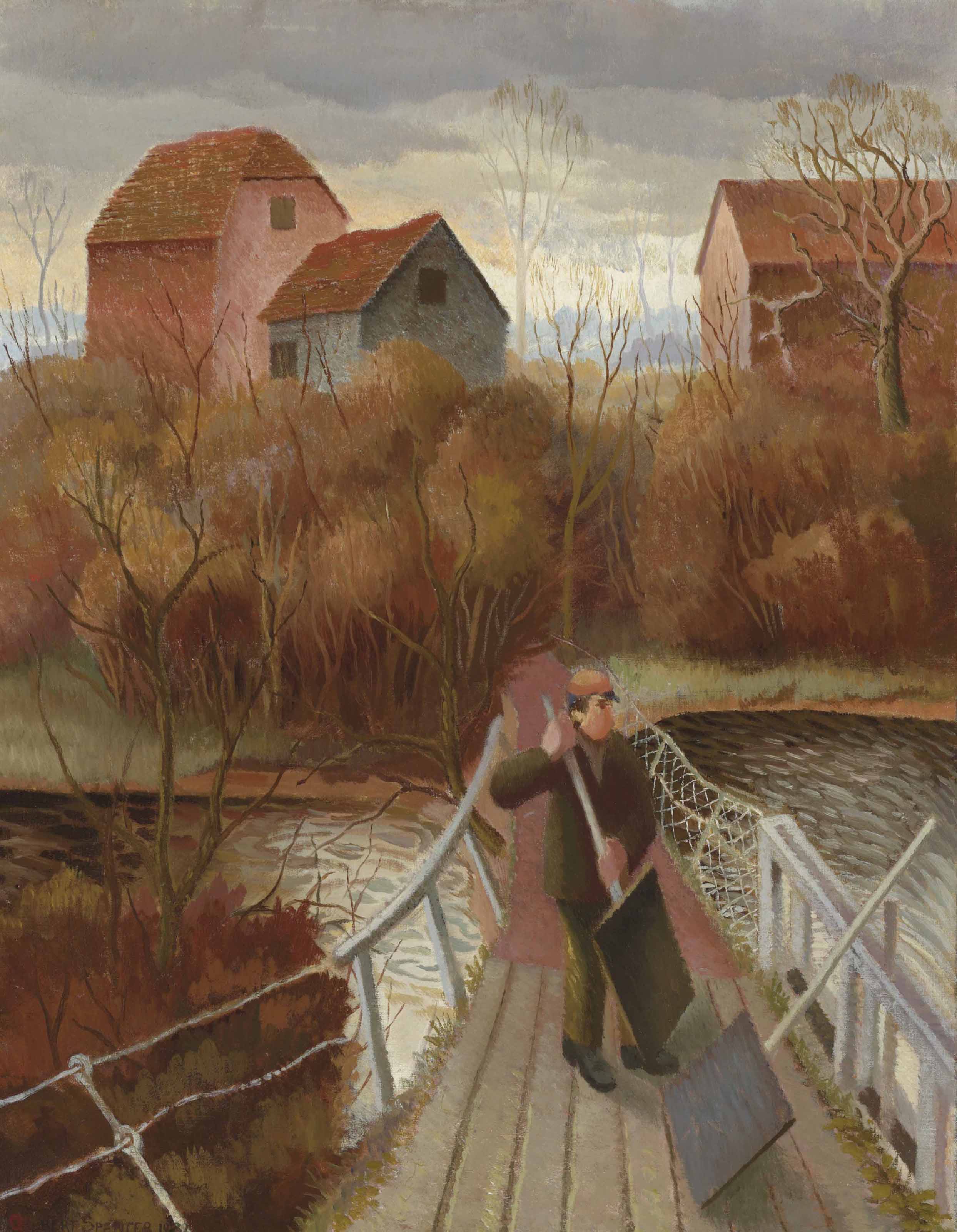 Gilbert Spencer, R.A. (18921979) , Man at a sluice gate on the Thames