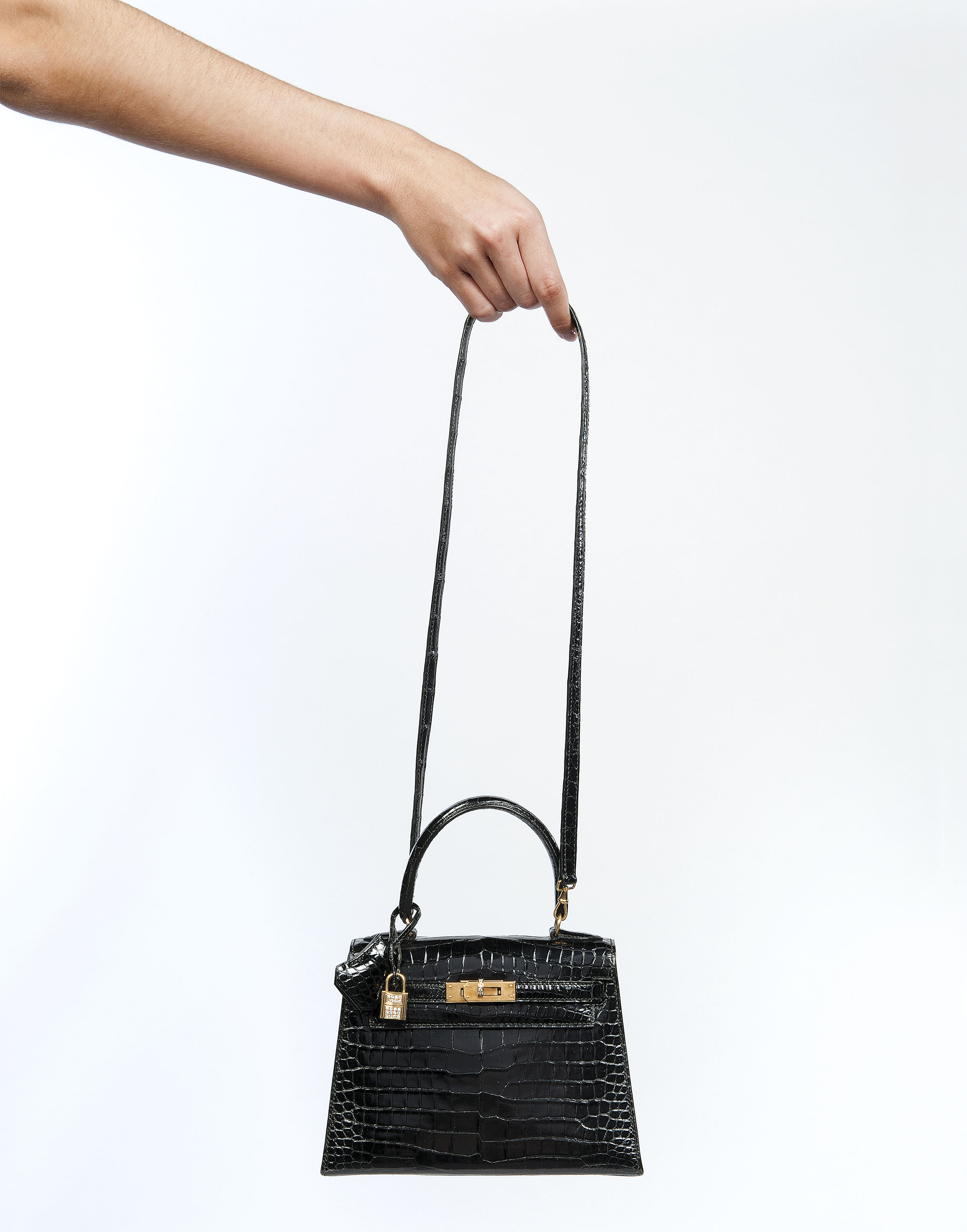 AN EXCEPTIONAL SHINY BLACK POROSUS CROCODILE SELLIER DIAMOND MINI KELLY 20 WITH 18K GOLD DIAMOND HARDWARE auctions price archive