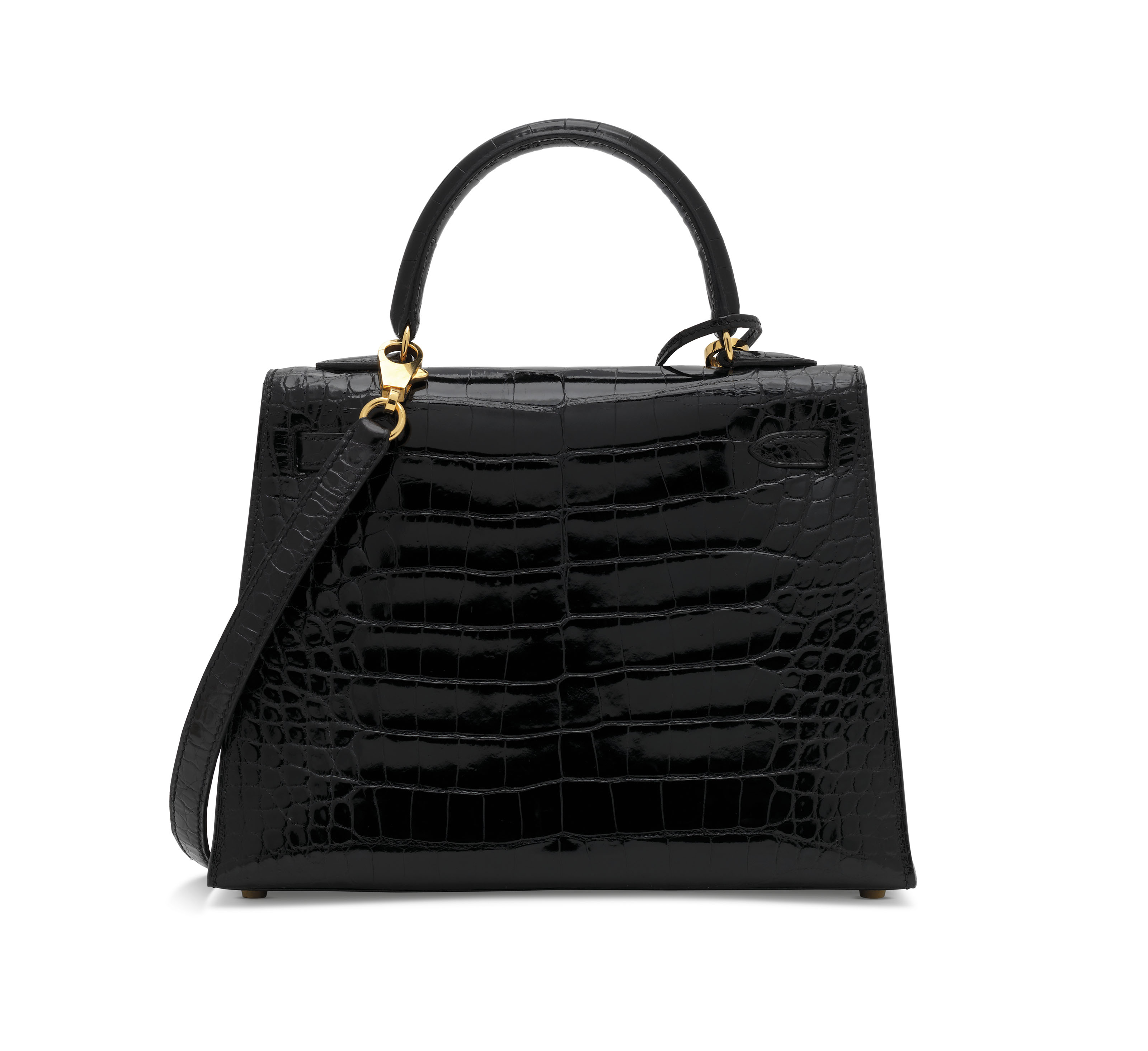 A SHINY BLACK ALLIGATOR SELLIER KELLY 25 WITH GOLD HARDWARE , HERMÃS, 1997 | Christie's