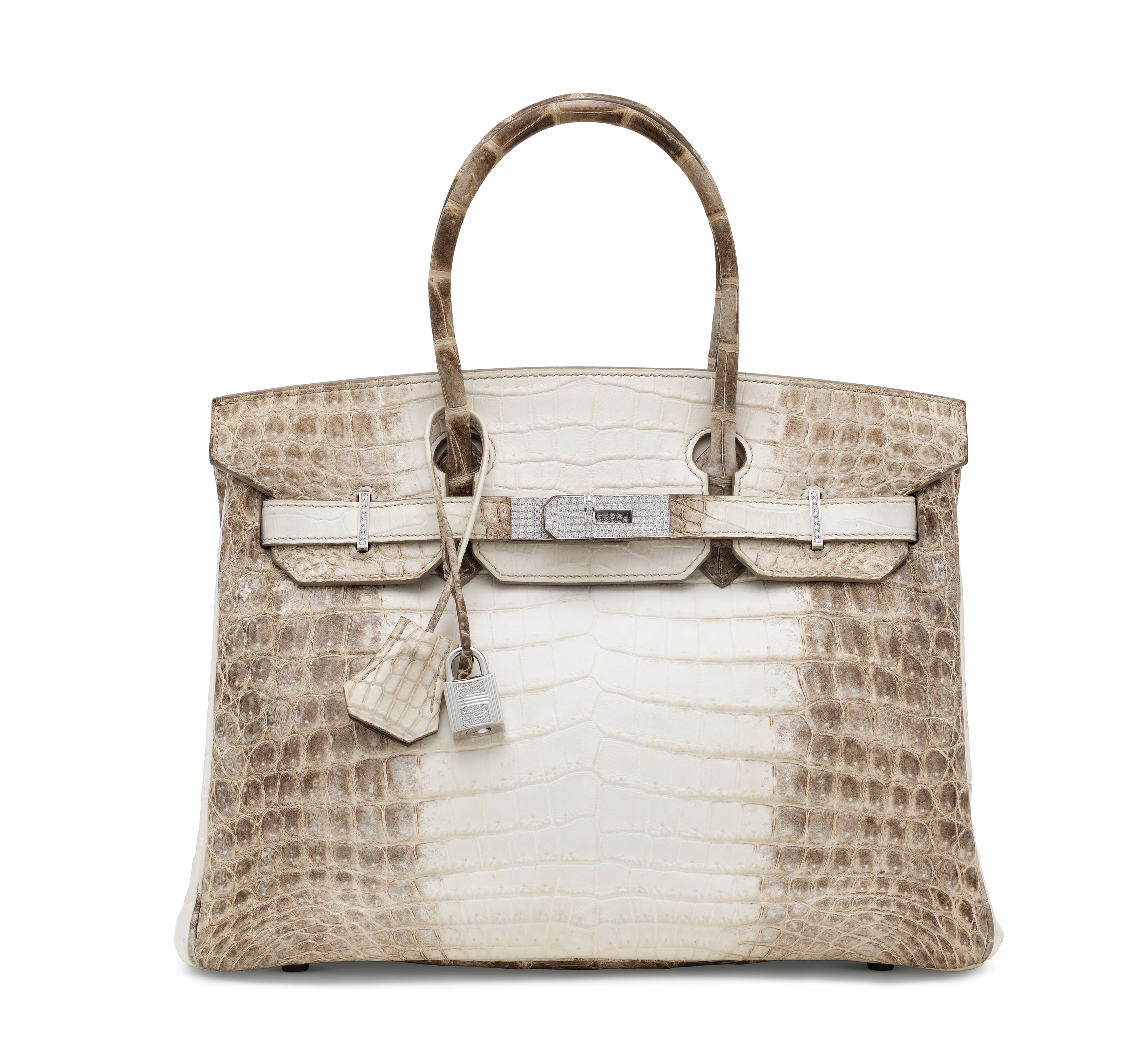 AN EXCEPTIONAL, MATTE WHITE HIMALAYA NILOTICUS CROCODILE DIAMOND BIRKIN 30 WITH 18K WHITE GOLD 