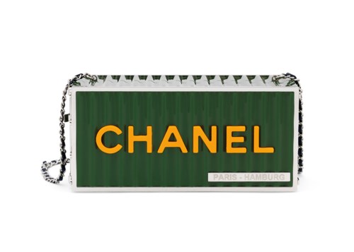 A M&eacute;tiers D&rsquo;Art Paris-Hamburg forest green lucite Shipping Container evening bag, Chanel, 2018. 19.5 w x 9 h x 8 d cm. Sold for &pound;7,500 on 12 December 2018 at Christie&rsquo;s in London