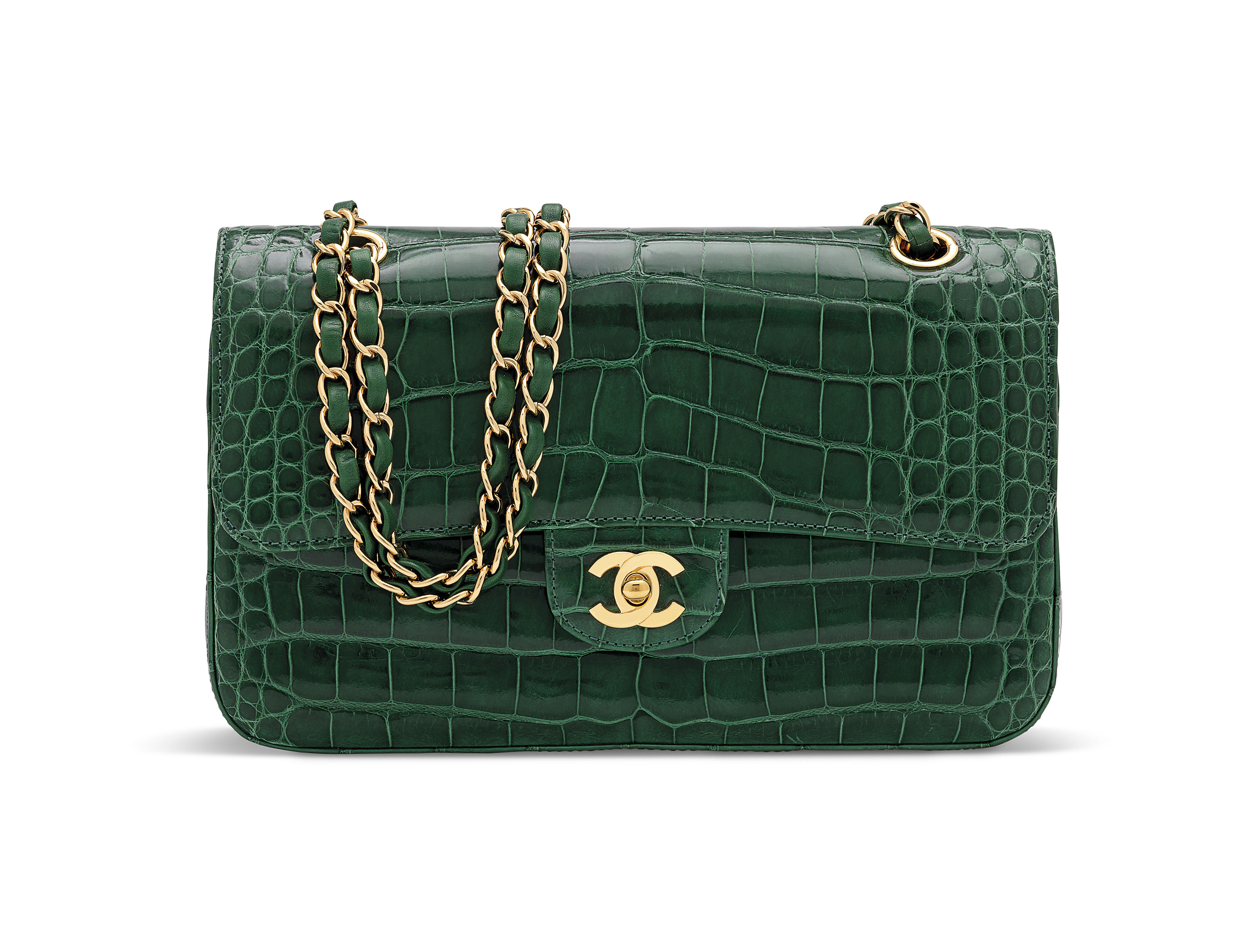 A SHINY GREEN ALLIGATOR MEDIUM DOUBLE FLAP BAG WITH GOLD HARDWARE