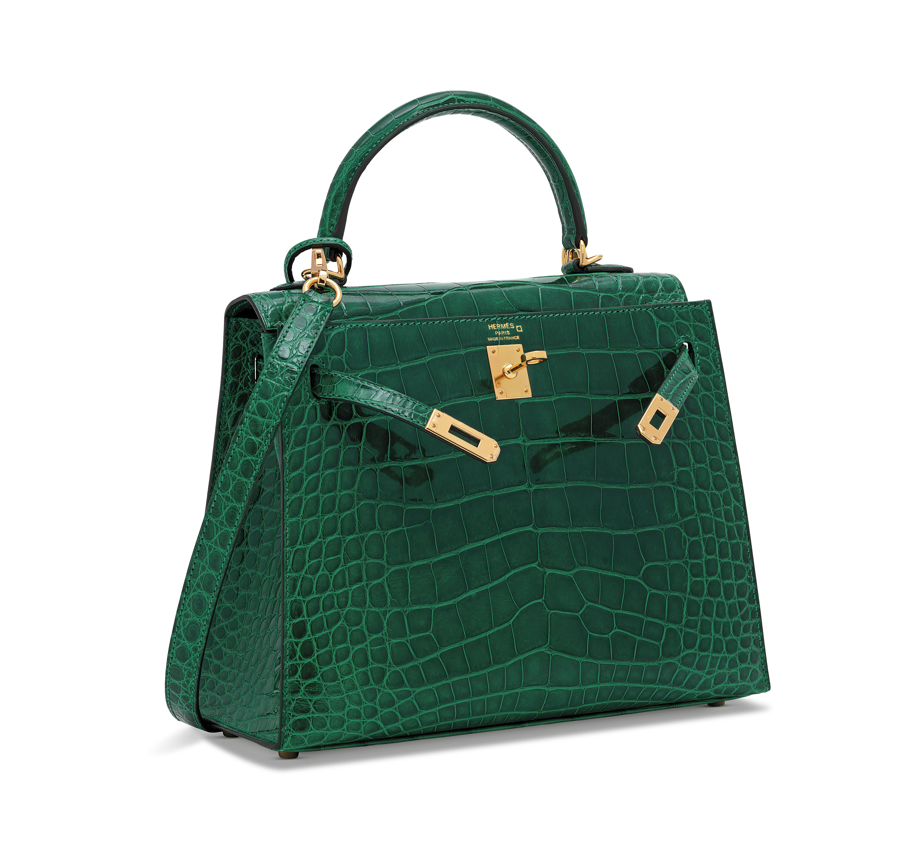 A SHINY VERT MERAUDE ALLIGATOR SELLIER KELLY 25 WITH GOLD
