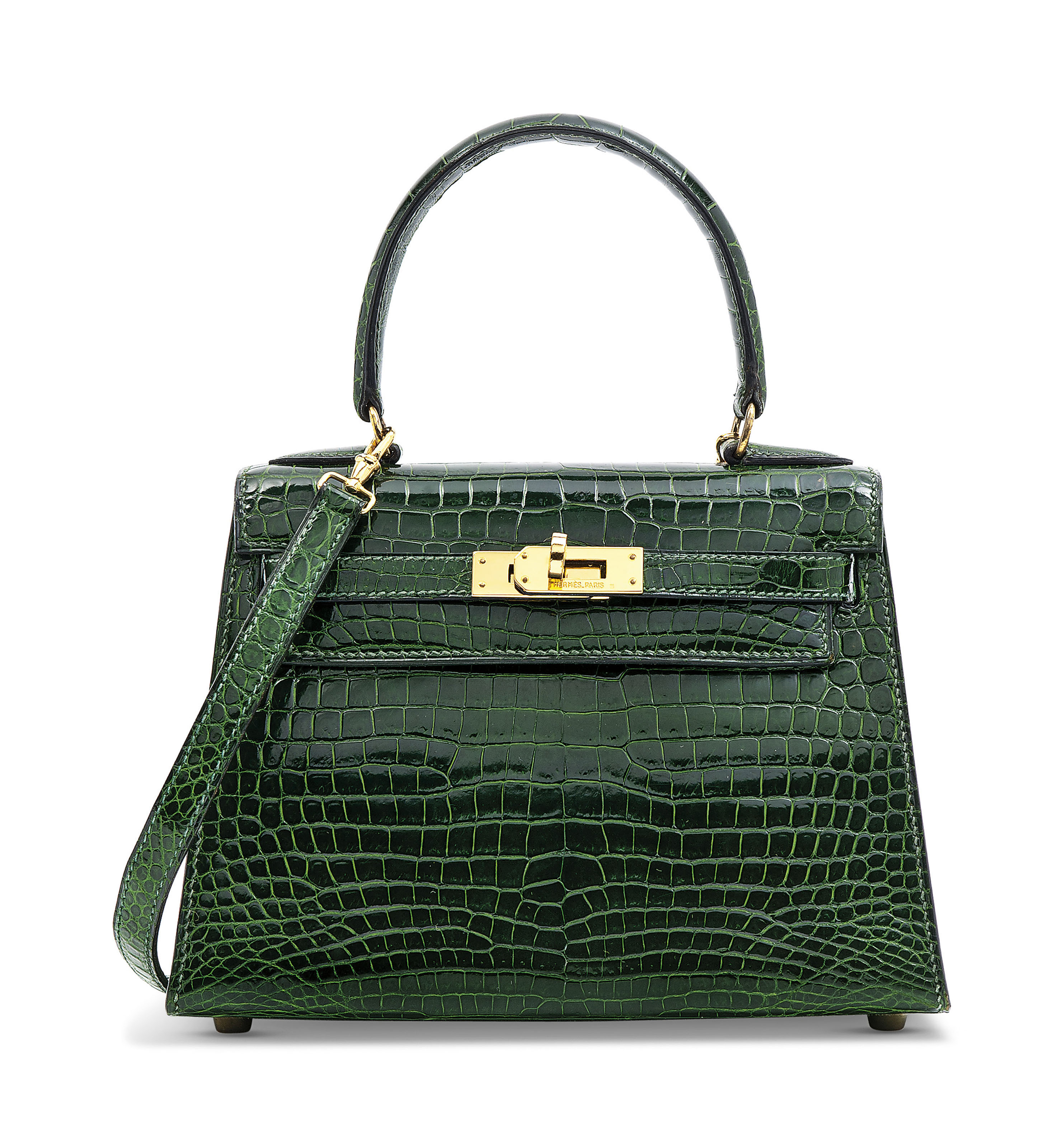 A SHINY VERT MERAUDE ALLIGATOR SELLIER KELLY 25 WITH GOLD