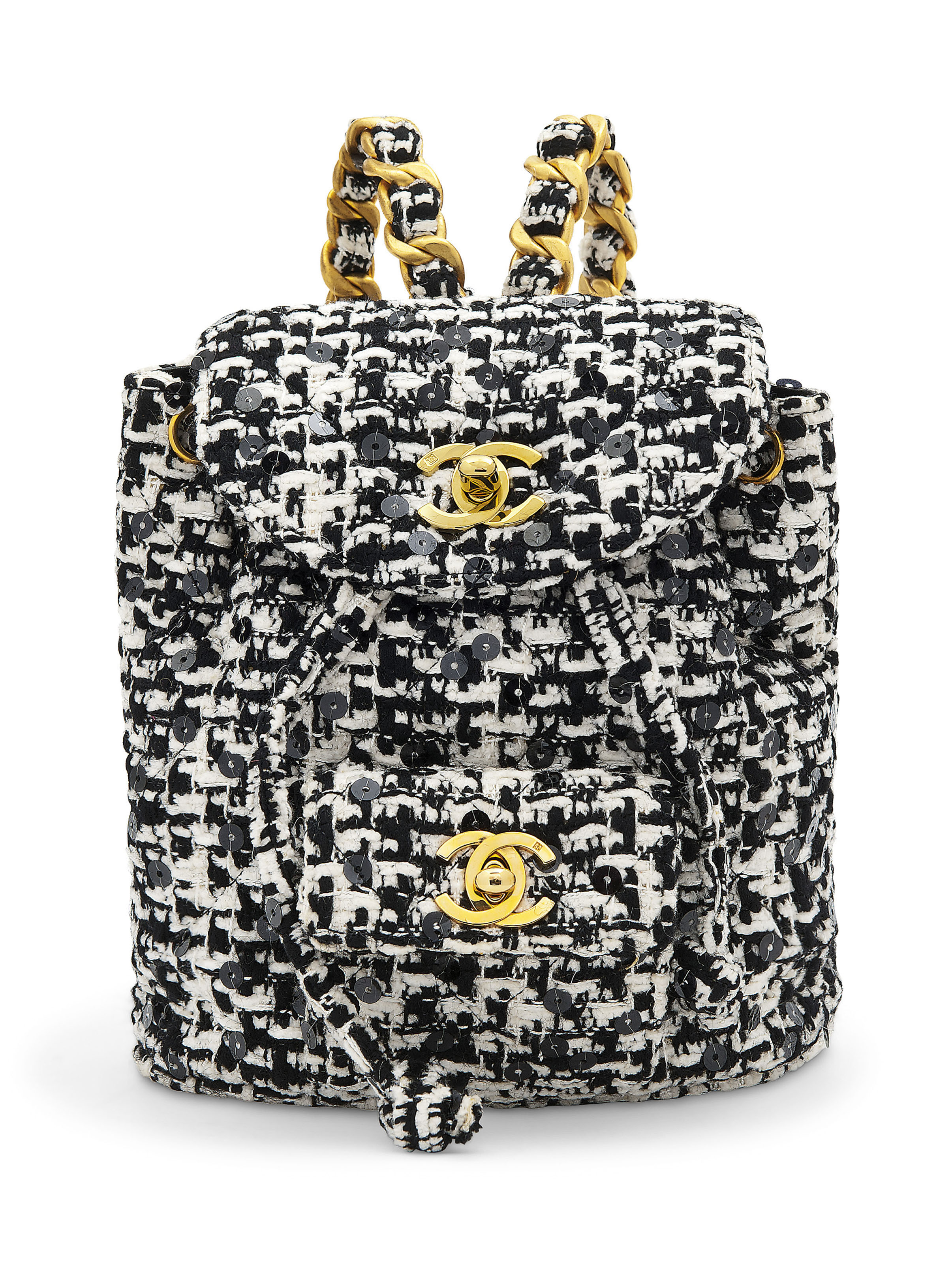 a black white tweed backpack with