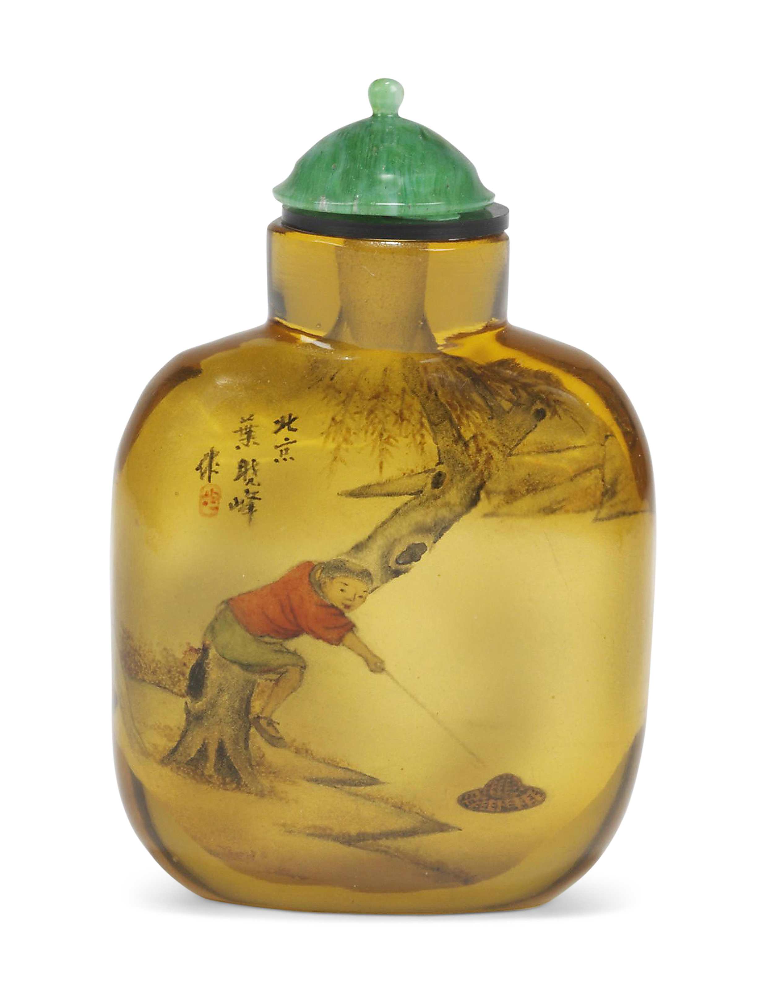 叶晓峰作仿琥珀料内画人物故事图鼻烟壶, SIGNED YE XIAOFENG (d