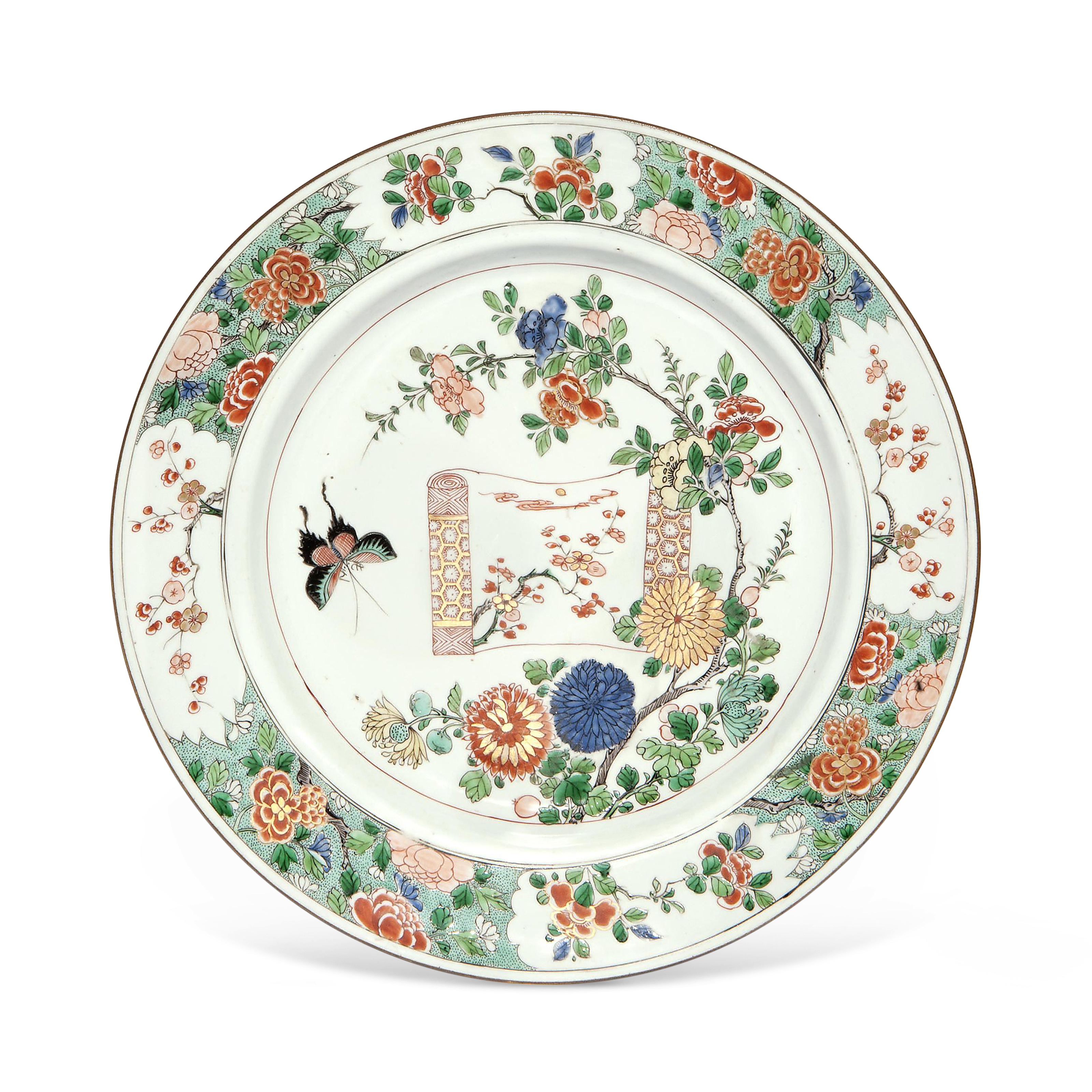 清康熙 五彩花蝶画卷图盘