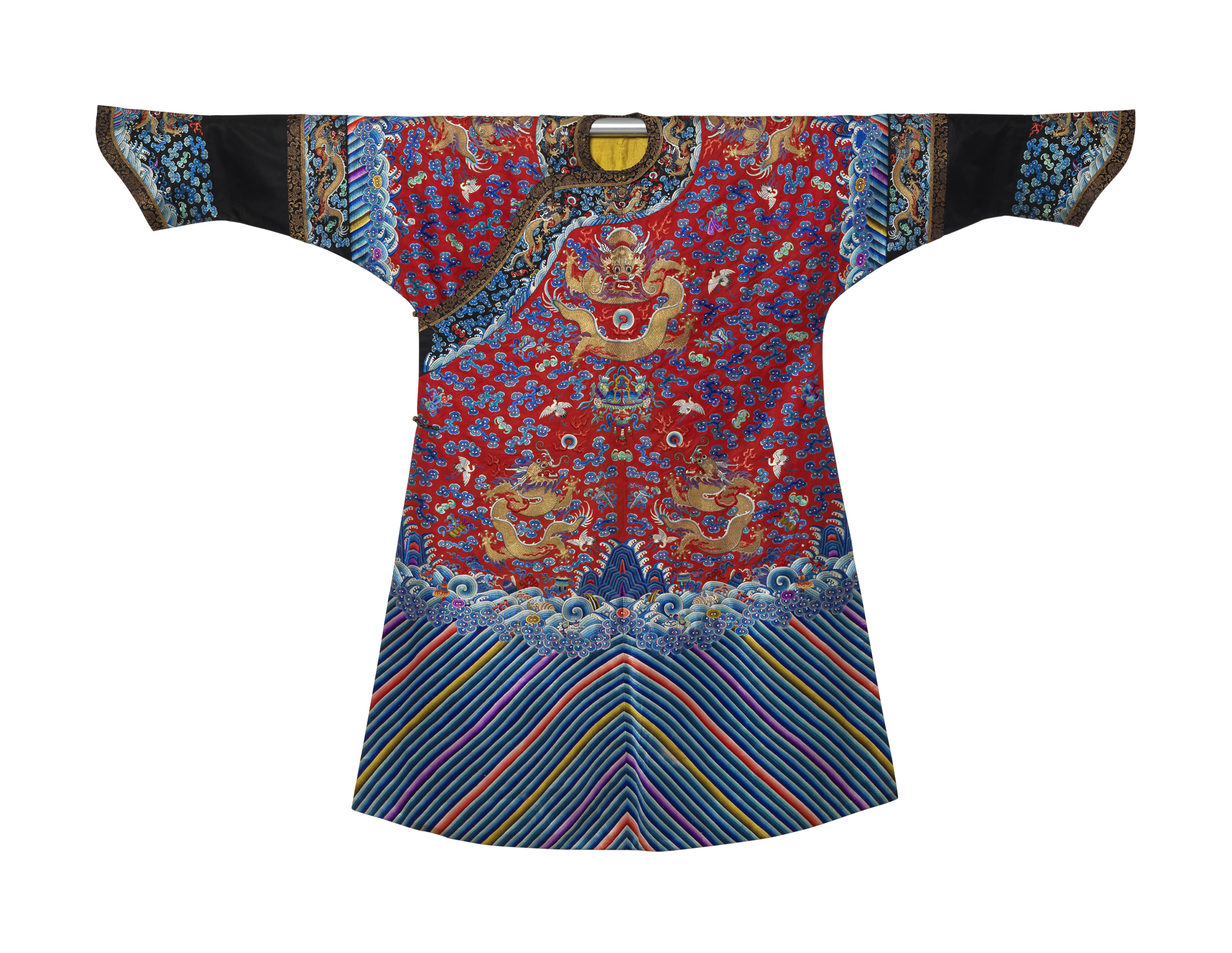AN EMBROIDERED RED-GROUND SILK COURT ROBE, JIFU, EARLY 20TH CENTURY ...