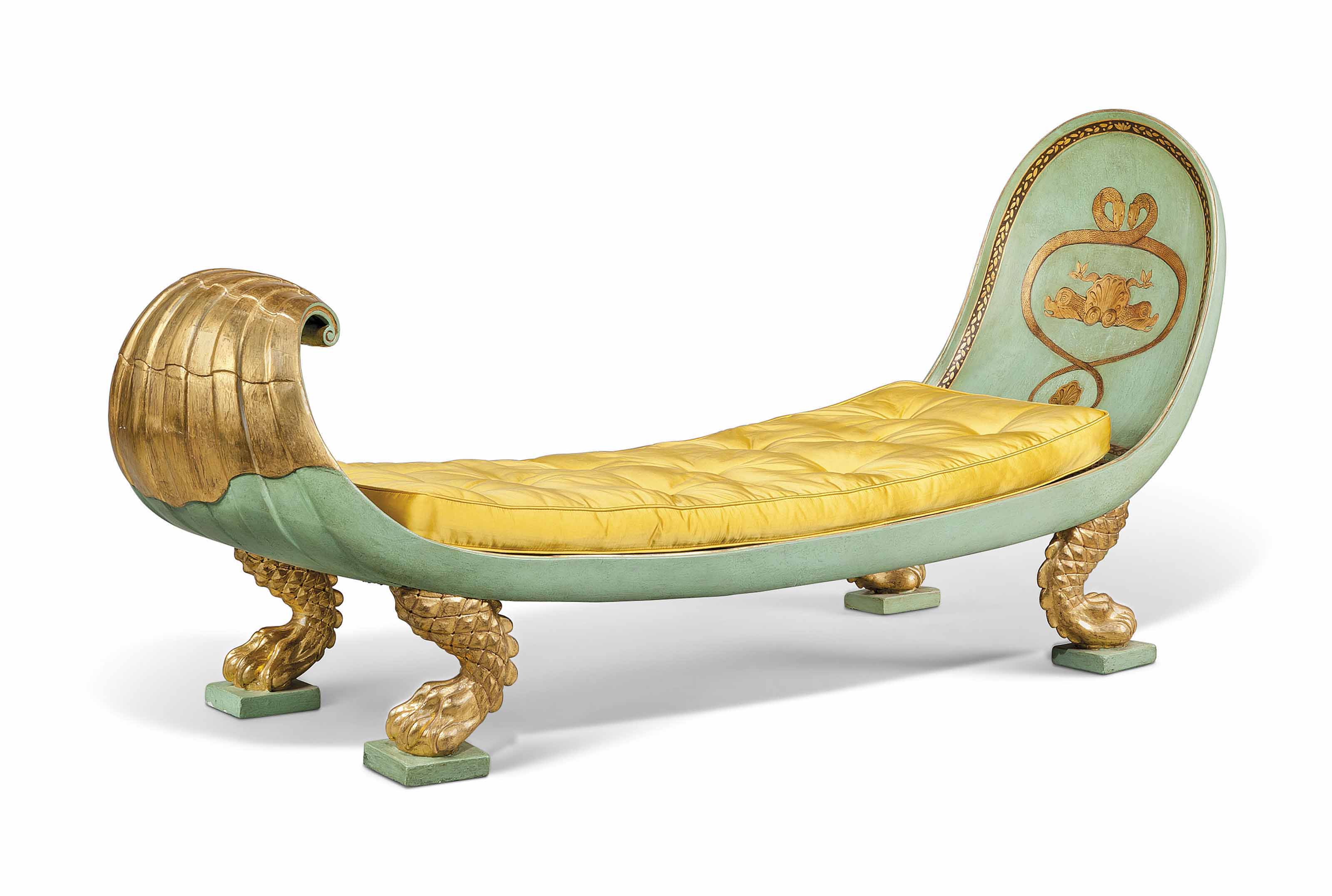 A Regency parcel-gilt and turquoise-painted caned daybed, circa 1815-20. 38¾  in (98.5  cm) high; 81½  in (207  cm) long, 26½  in (67.5  cm) deep. Estimate: £8,000-12,000. This lot is offered in Kenneth Neame: Including Arts of India, English and European Furniture and Works of Art, European and Chinese Ceramics, Chinese and Old Master Paintings on 13 June at Christie’s in London