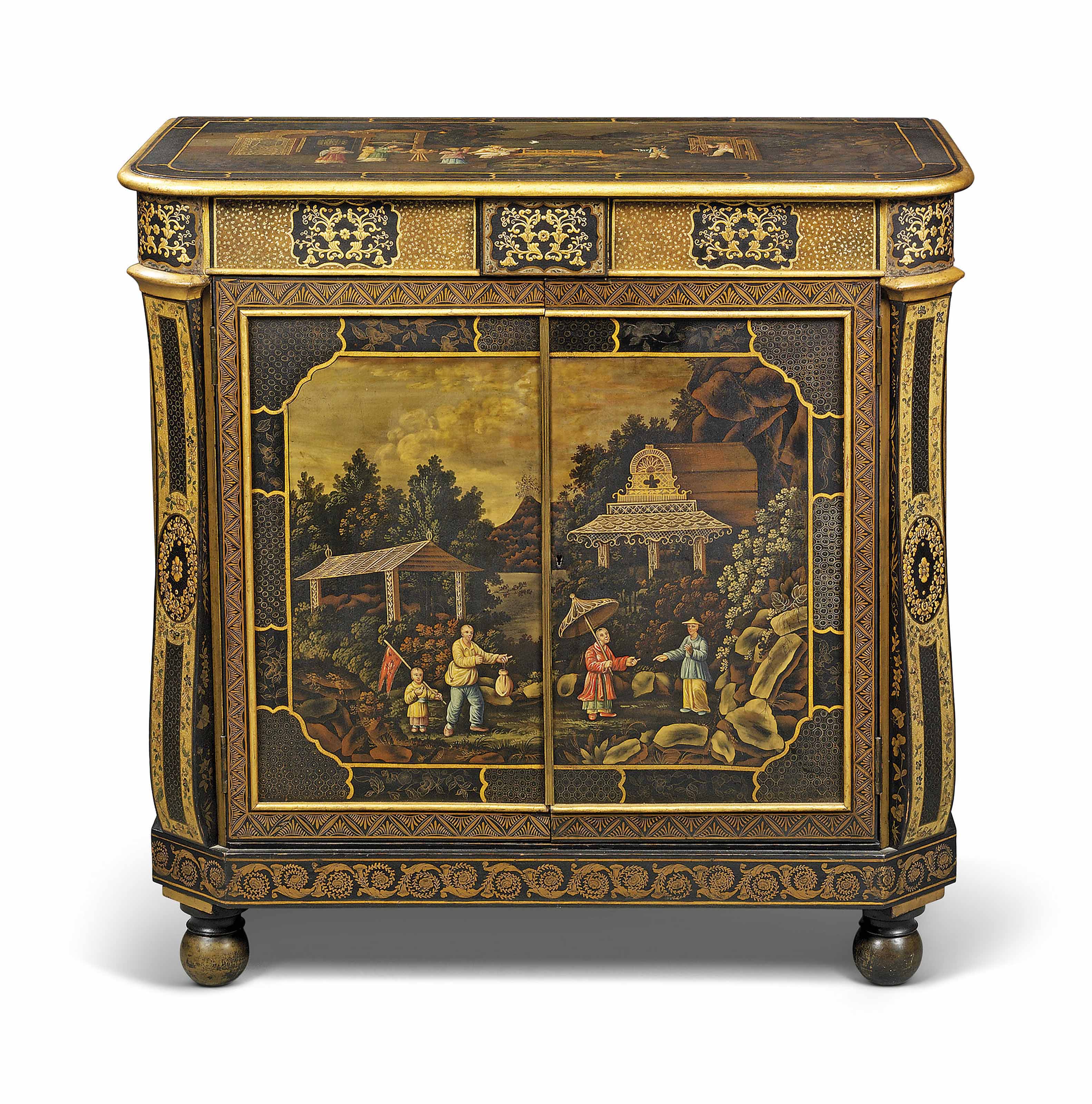 A Regency chinoiserie japanned tole and penwork side cabinet, attributed to Frederick Crace, circa 1810, probably Pontypool. 36&frac34;  in (93.5  cm) high; 37&frac14;  in (94.5  cm) wide; 18&frac34;  in (47.5  cm) deep. Estimate: &pound;40,000-60,000. This lot is offered in Kenneth Neame: Including Arts of India, English and European Furniture and Works of Art, European and Chinese Ceramics, Chinese and Old Master Paintings on 13 June at Christie&rsquo;s in London