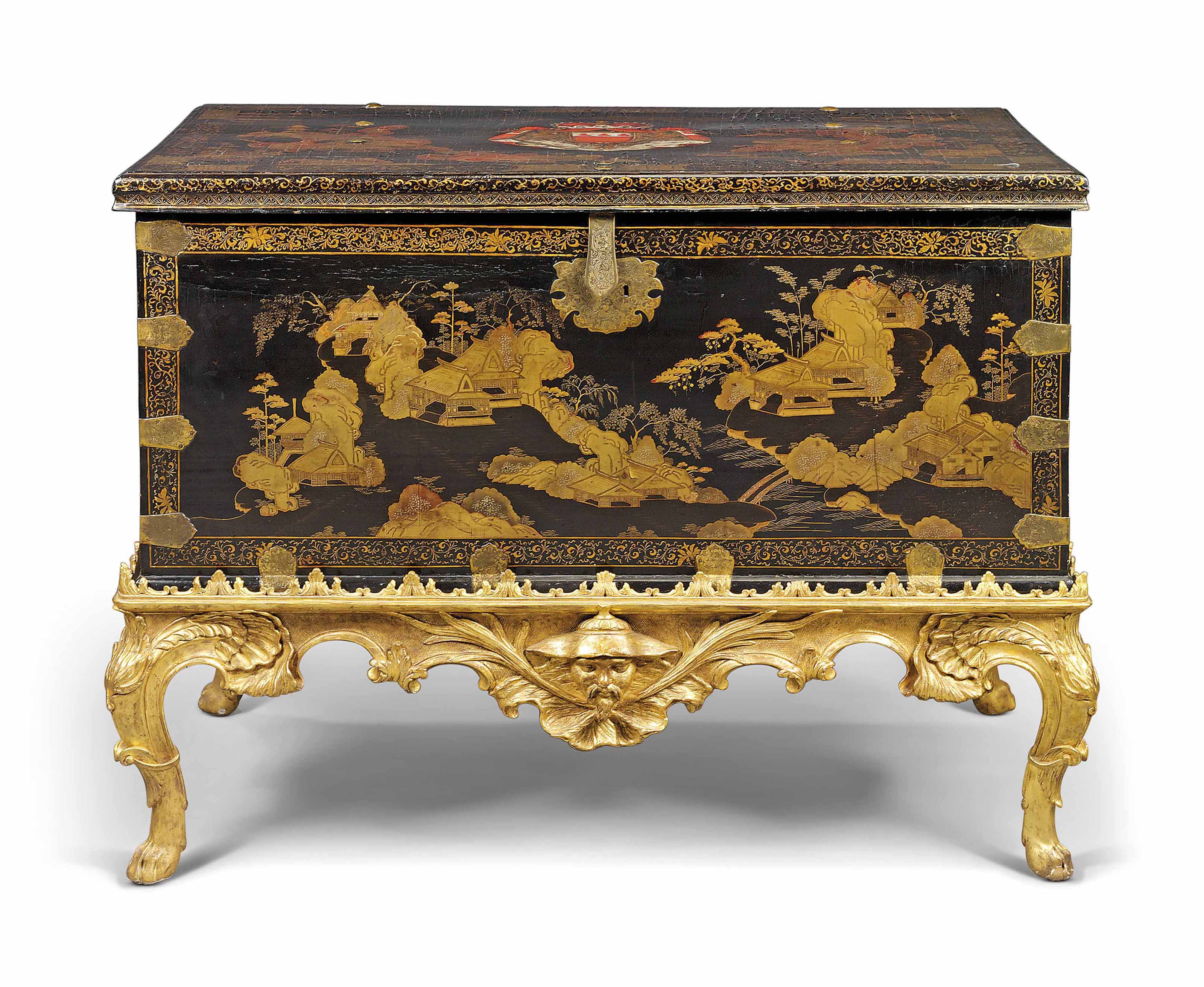 A Chinese export brass-mounted black and gilt lacquer and japanned chest, late 17th/early 18th century, on a rococo giltwood stand, circa 1740. 40  in (101.5  cm) high; 52  in (132  cm) wide; 31&frac12;  in (80  cm) deep. Estimate: &pound;15,000-25,000. This lot is offered in Kenneth Neame: Including Arts of India, English and European Furniture and Works of Art, European and Chinese Ceramics, Chinese and Old Master Paintings on 13 June at Christie&rsquo;s in London
