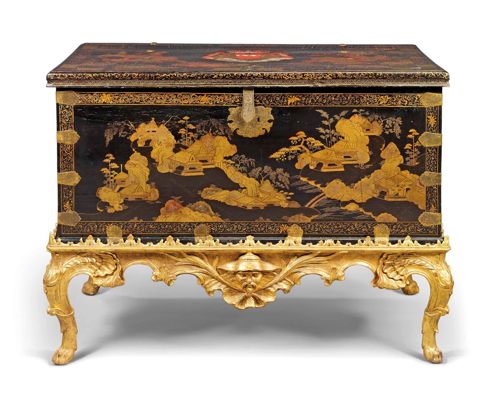 A Chinese Export Brass Mounted Black And Gilt Lacquer And Japanned