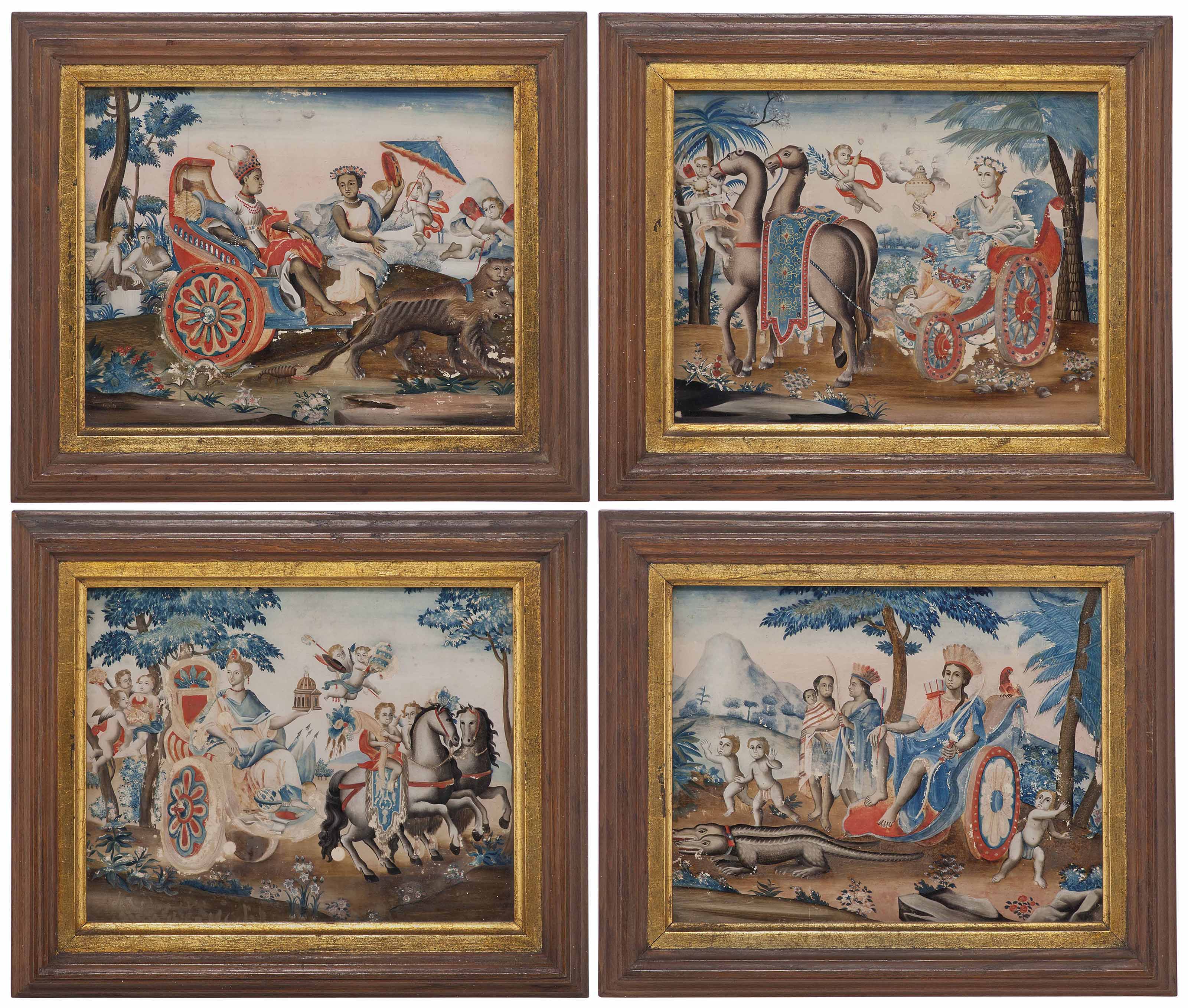 A Set Of Four Portuguese Reverse Glass Paintings Late 19th