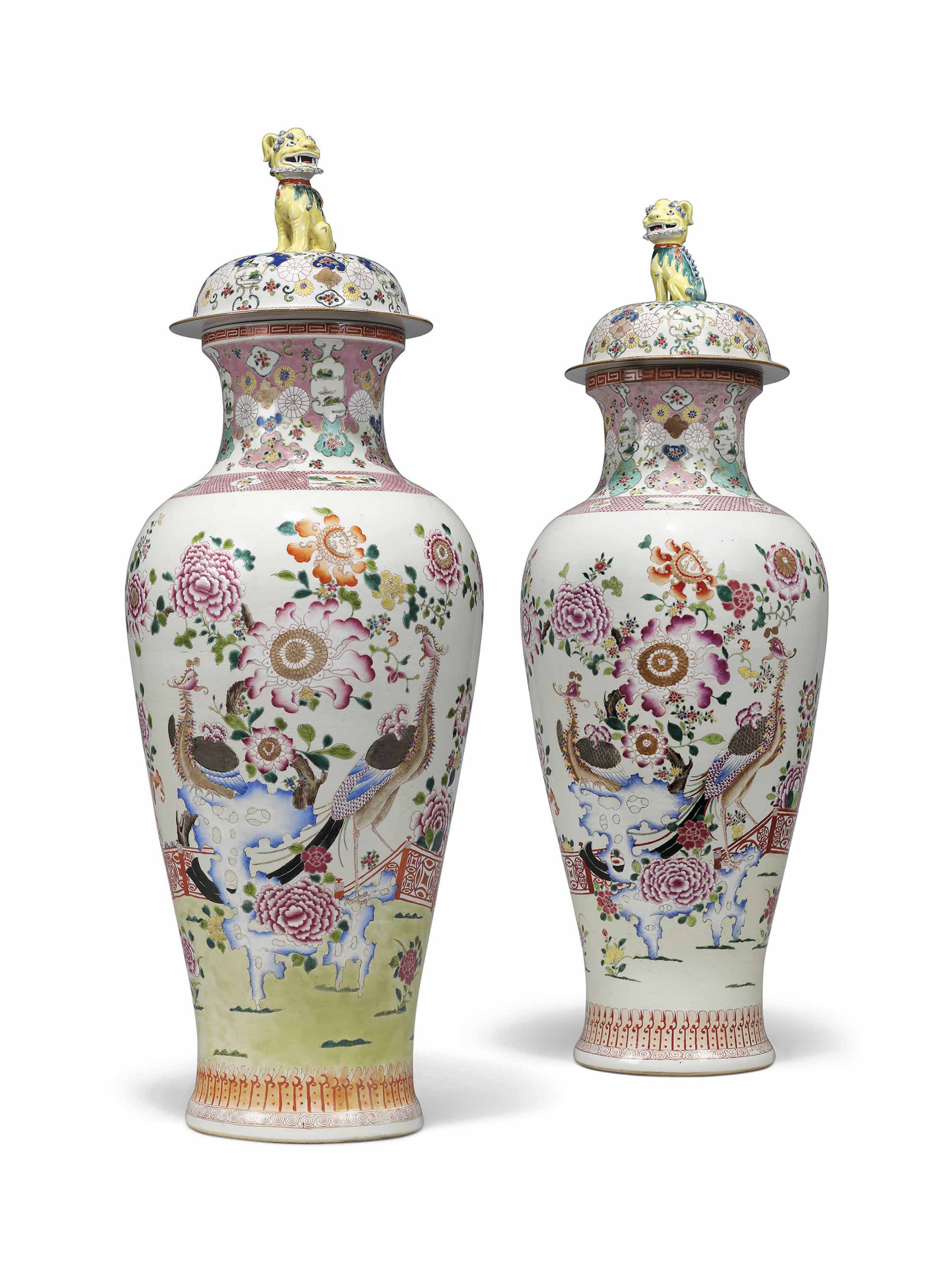 A pair of Chinese Export famille rose ‘soldier’ vases and covers, 20th century. 45½  in (115.6  cm) high. Estimate: £3,000-5,000. This lot is offered in Kenneth Neame: Including Arts of India, English and European Furniture and Works of Art, European and Chinese Ceramics, Chinese and Old Master Paintings on 13 June at Christie’s in London