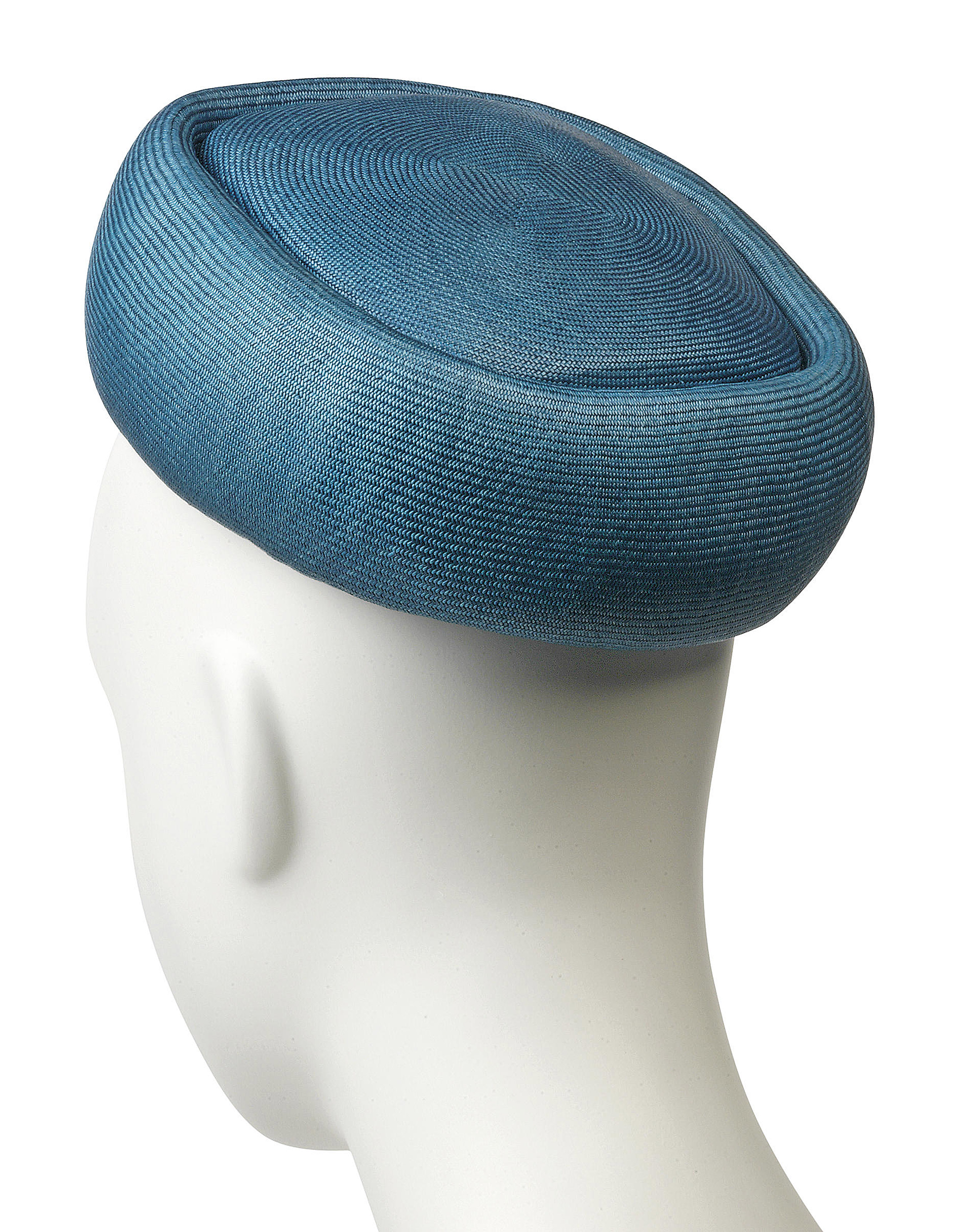 A SQUARE PILLBOX HAT OF TEAL STRAW AND 