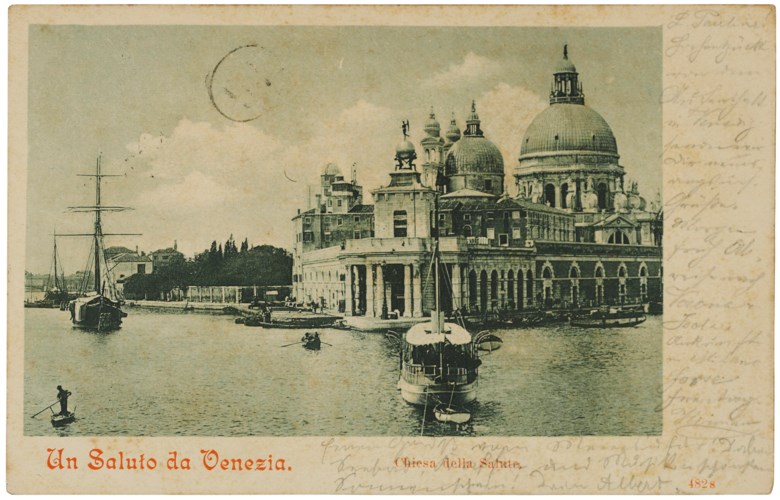 A trip to Venice with his father, Venice, 11 September 1900. In German, in gothic script, three lines in pencil below the photographic image of the Punta della Dogana and Santa Maria della Salute; the postcard is also inscribed and signed in pencil down the right margin by Einsteins father, Hermann; address in Hermann Einsteins hand to Pauline Einstein in Milan 89 x 140 mm. Estimate