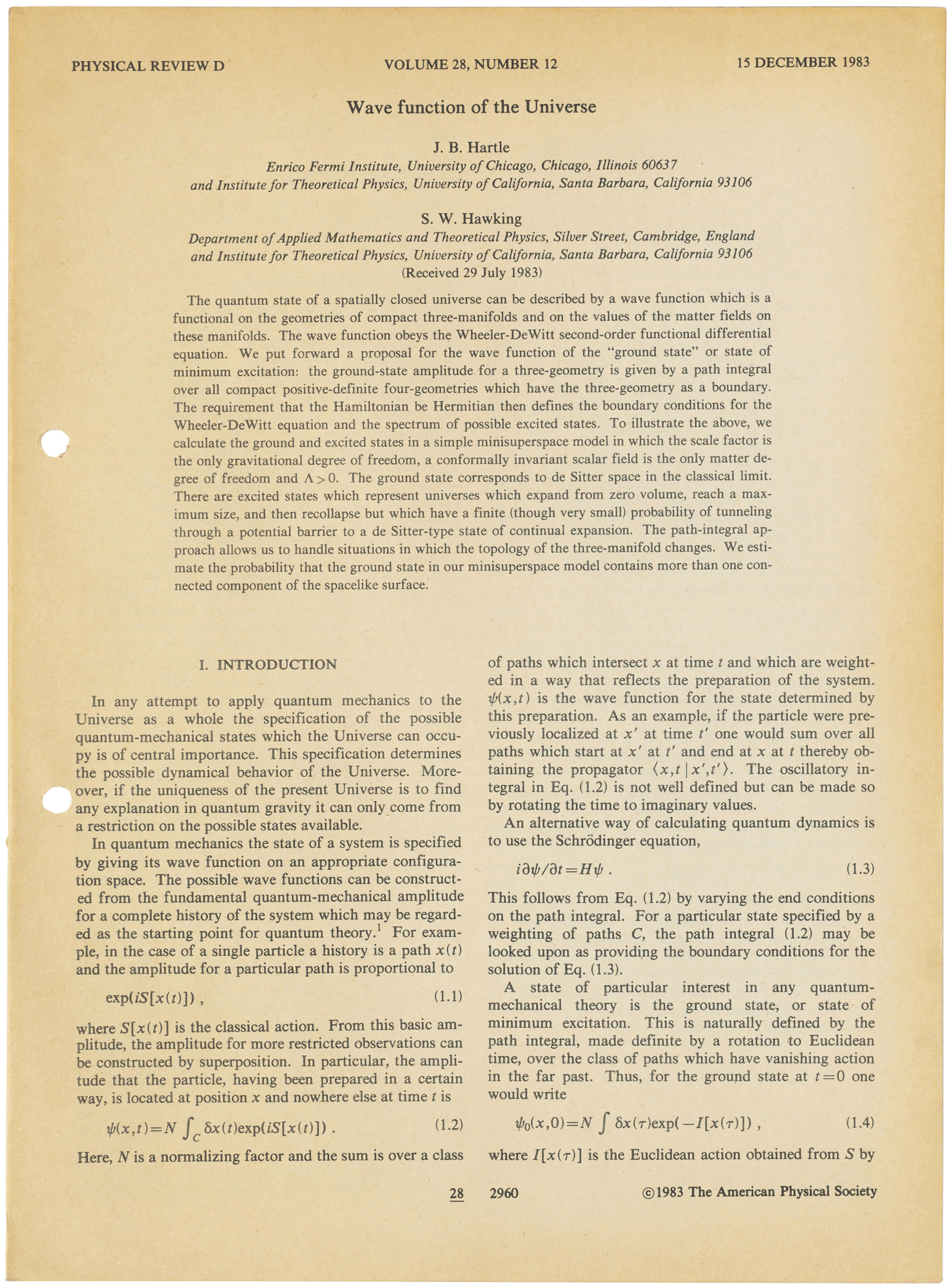 Wave function of the Universe, Stephen Hawking and J.B. Hartle. 1983 ...