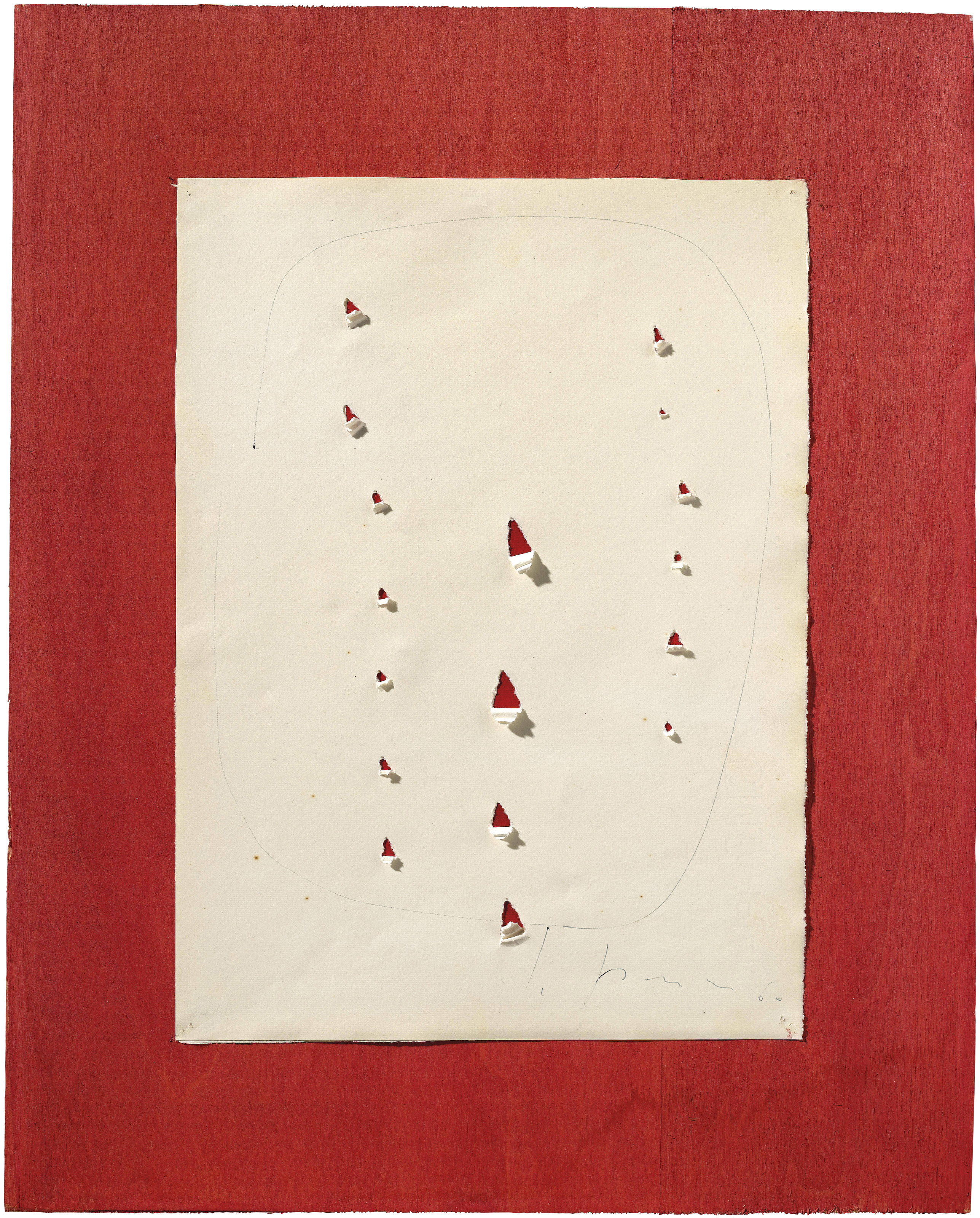 Lucio Fontana (1899-1968), Concetto spaziale, 1960. Ballpoint pen and incisions on paper on board. Estimate:                    &pound;15,000-20,000. Offered in First Open Online, 12-20 September 2018