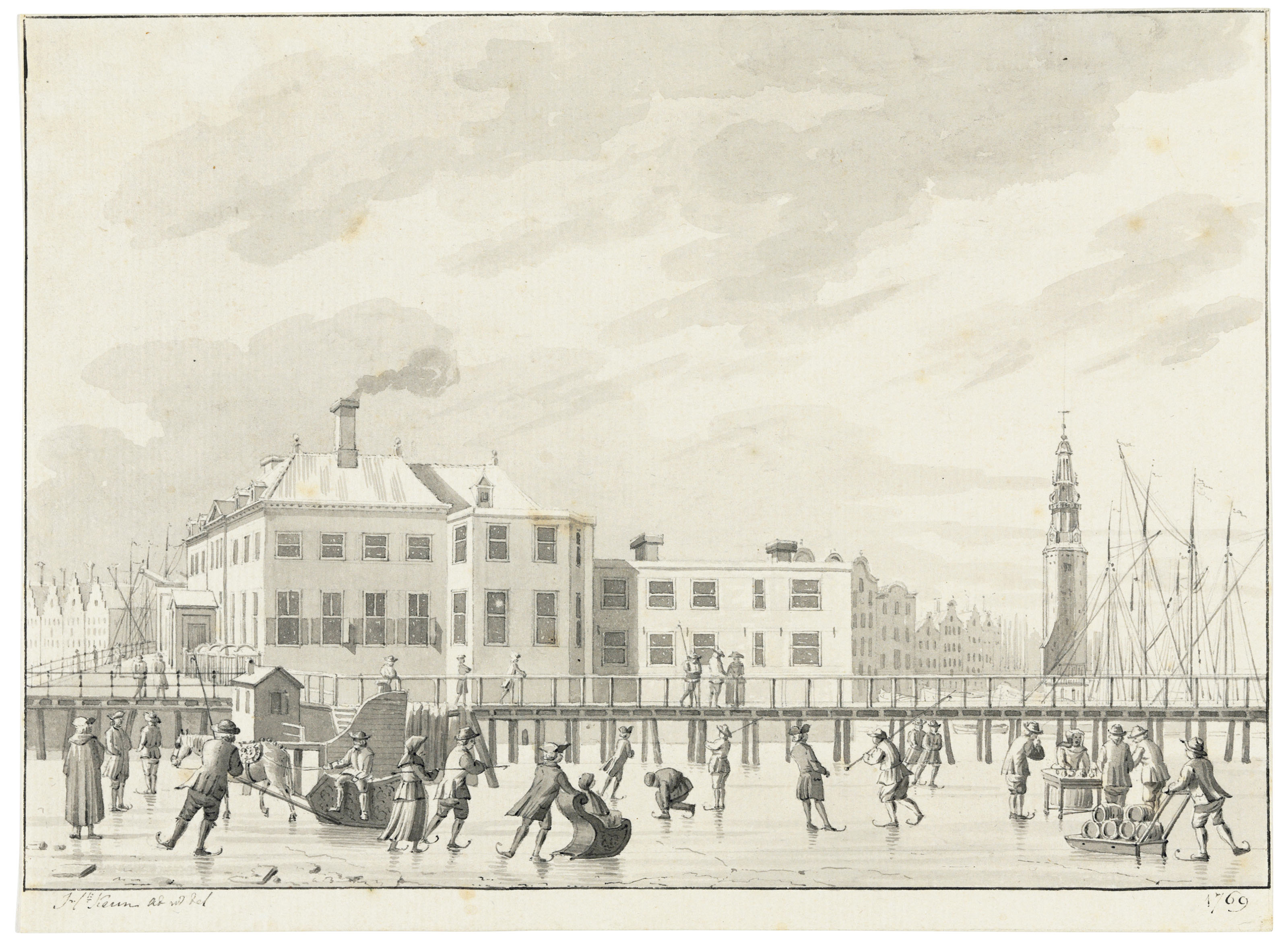 Catalog image of The IJ in winter with skaters near the Nieuwe Stadsherberg, with the Haringpakk…