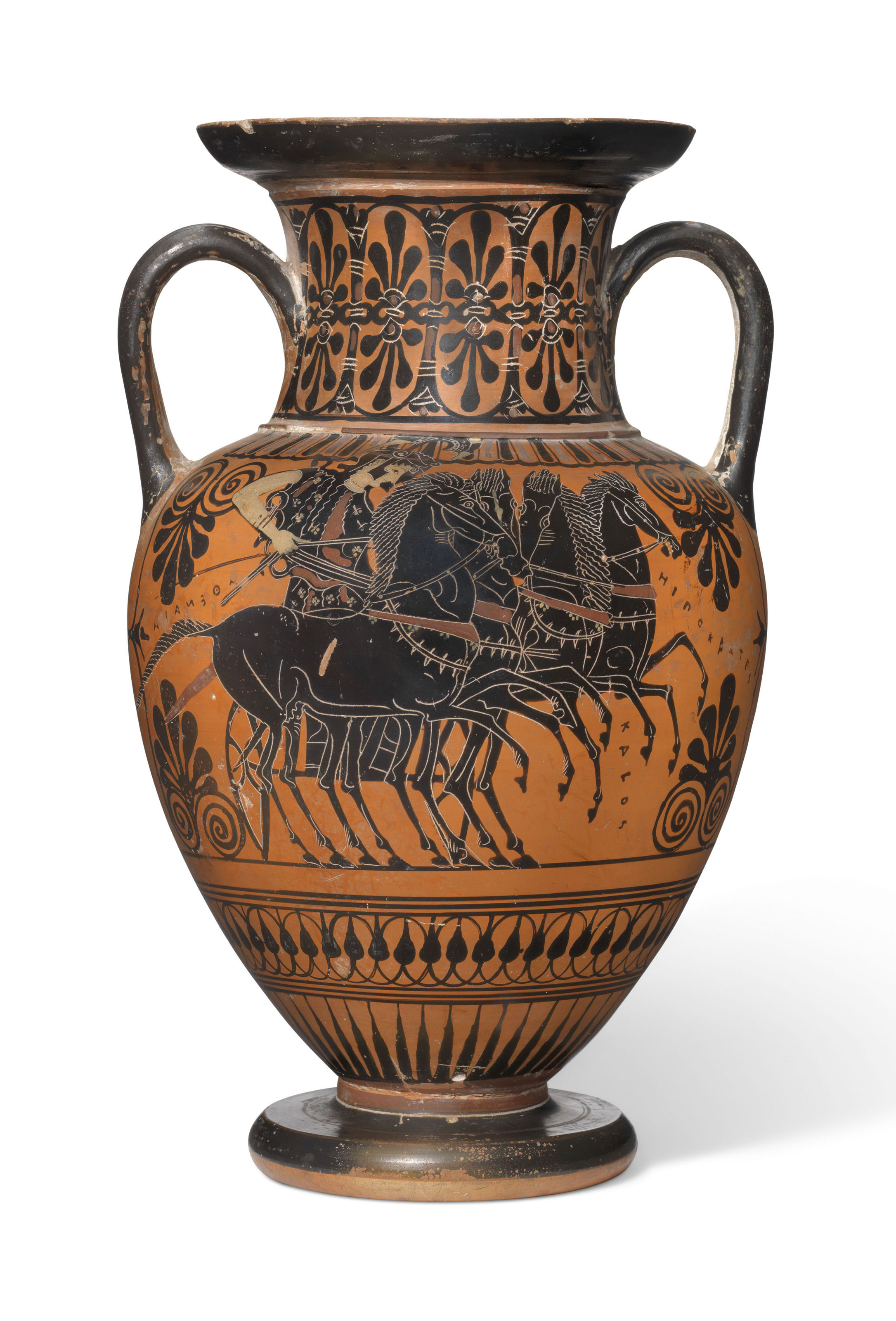 AN ATTIC BLACK FIGURED NECK AMPHORA ATTRIBUTED TO THE THREE LINE GROUP CIRCA 520 B C 