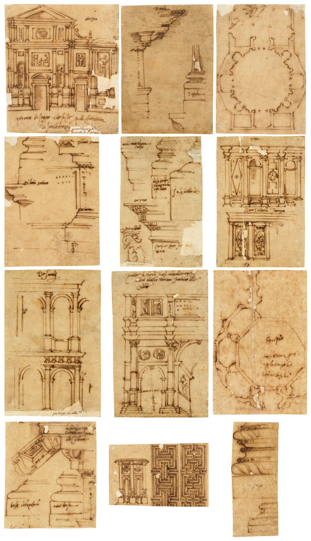 Raffaello Da Montelupo Florence 1504 Before 1566 Orvieto A Set Of Twelve Architectural Drawings Including Design For The Facade Of San Lorenzo Florence I Design For An Entablature And The Base