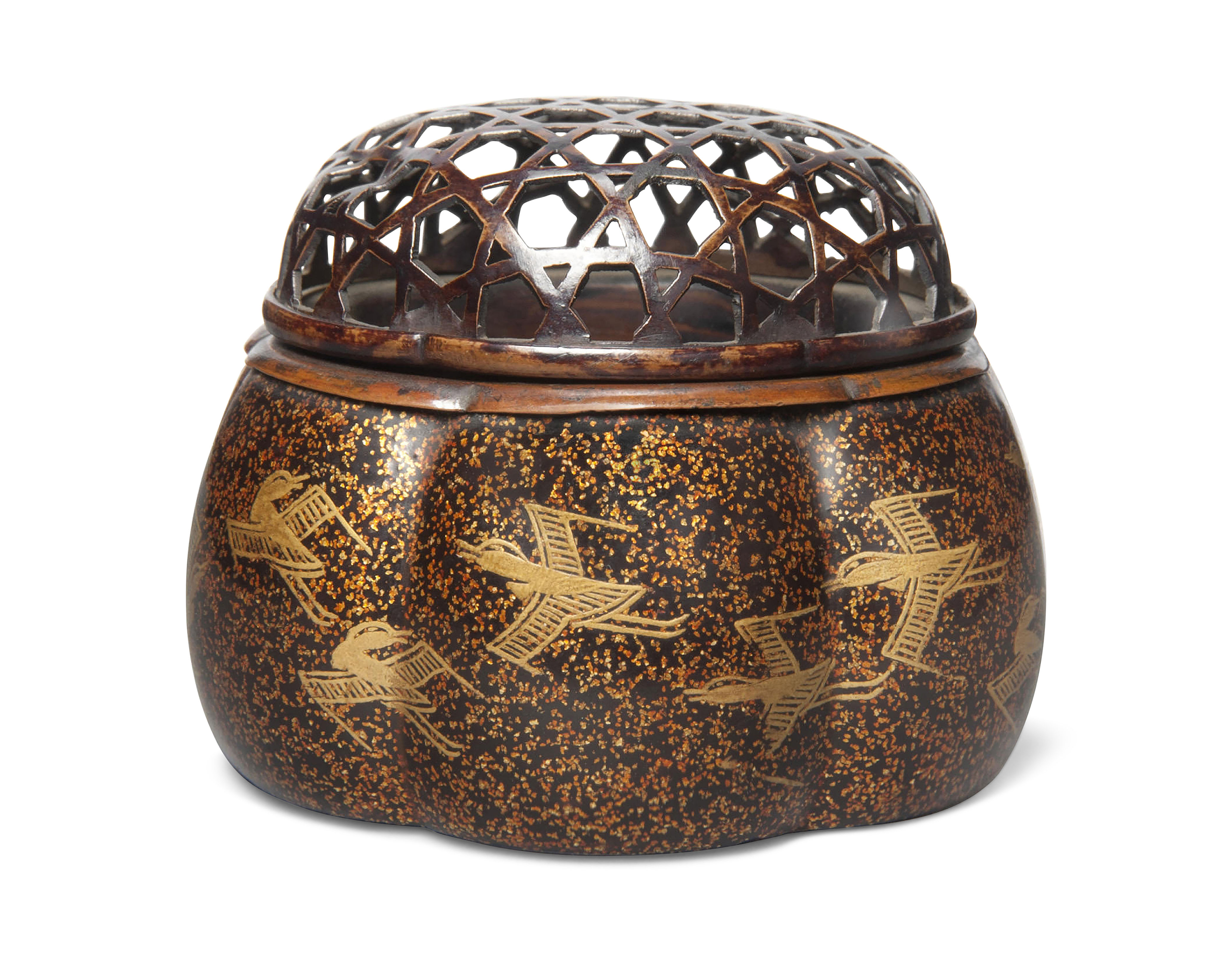 A MELON-SHAPED JAPANESE LACQUER INCENSE BURNER (KORO), MOMOYAMA