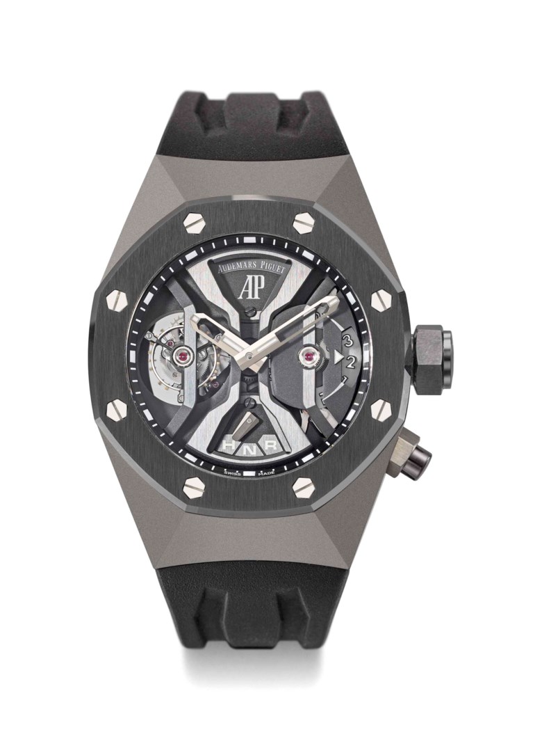 Audemars Piguet. A rare and impressive titanium tourbillon dual-time skeletonised wristwatch with black ceramic bezel and box, 2015. Signed Audemars Piguet, Royal Oak Concept GMT Tourbillon, no. 205, ref. 2’656’0IO, case no. I73788. Sold for CHF150,000 on 14 May 2018 at Christie’s in Geneva