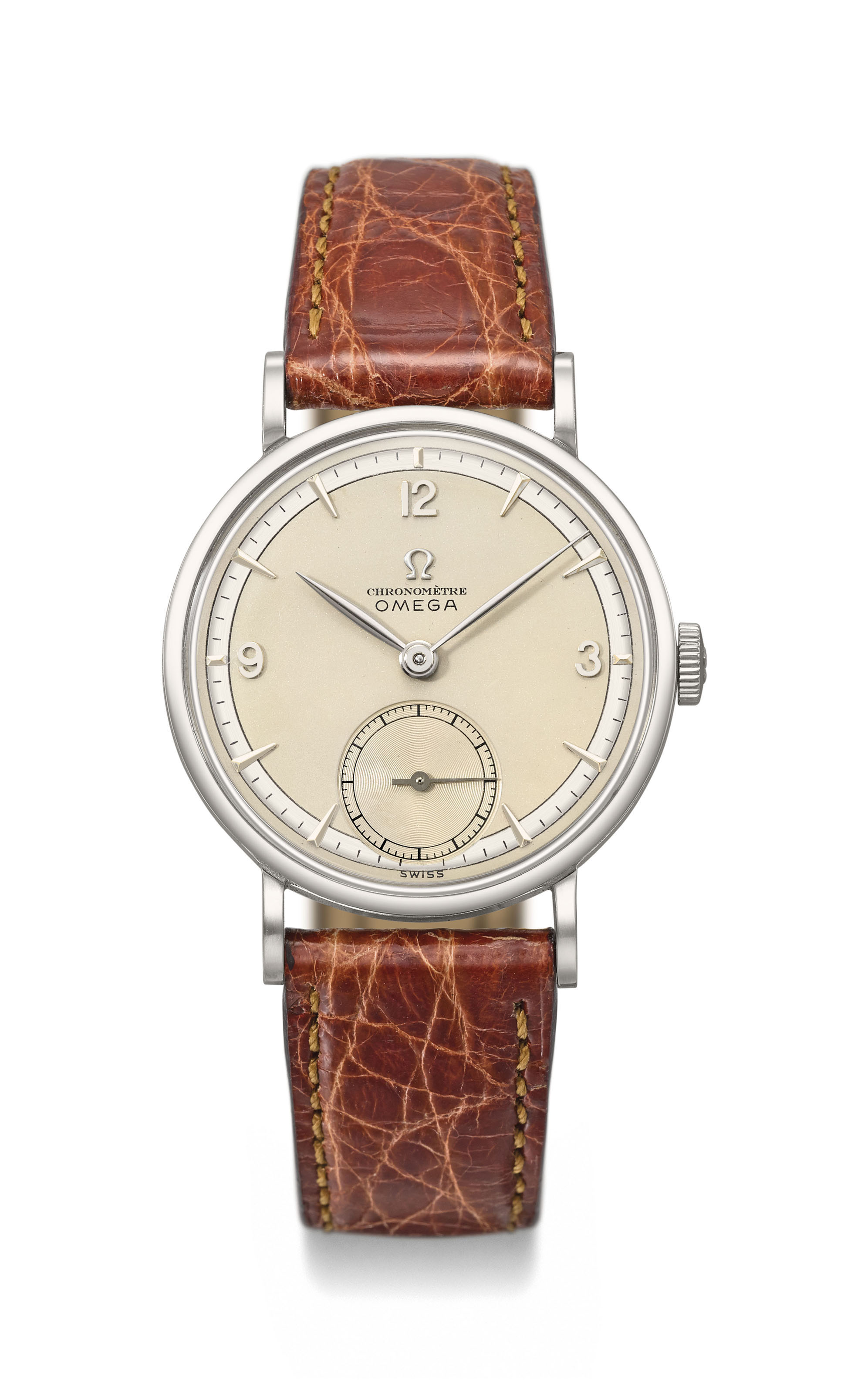Omega. A very fine and rare stainless steel chronometer wristwatch with  two-tone silvered dial and red gilt movement